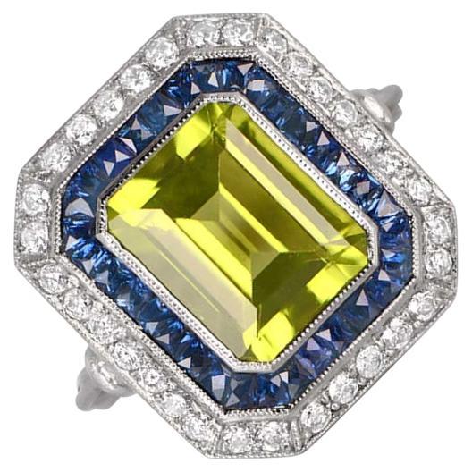 3.77ct Emerald Cut Peridot Cocktail Ring, Diamond & Sapphire Halo, Platinum