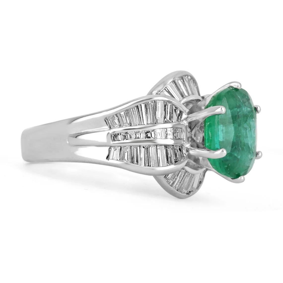 A stunning emerald and diamond cocktail/statement ring. The center stone features a magnificent 2.57-carat, natural Zambian emerald; displaying a gorgeous green color with excellent luster and characteristics. Securely set in a 6-pron setting,