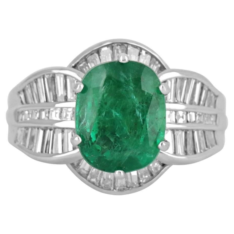 3.77tcw 18K Natural Emerald Oval Cut and Tapered Baguette Diamond Ring For Sale