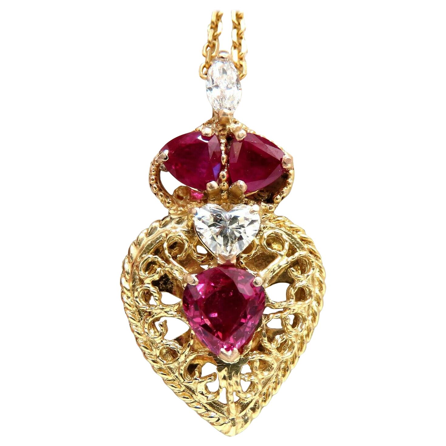 3.78 Carat AIGS Certified No Heat Ruby Diamonds Necklace 14 Karat Heart Marquise