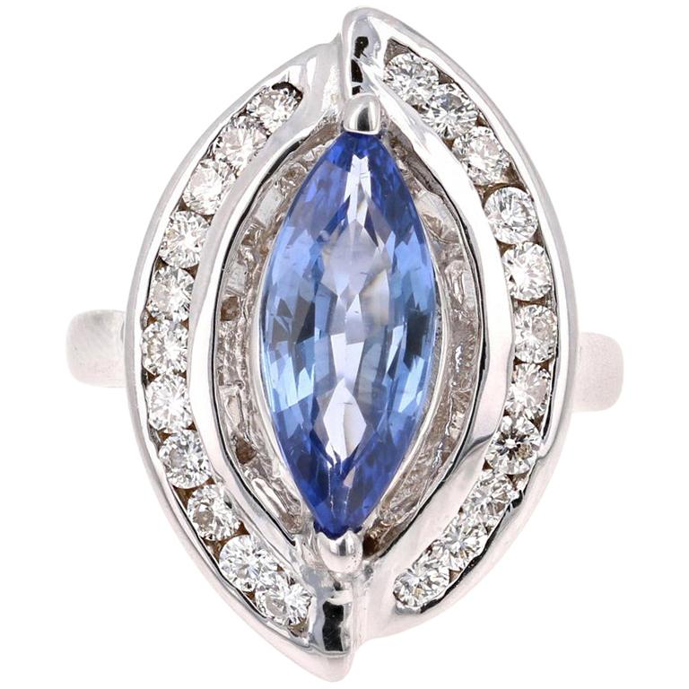 3.78 Carat Blue Sapphire Diamond 18 Karat White Gold Cocktail Ring
