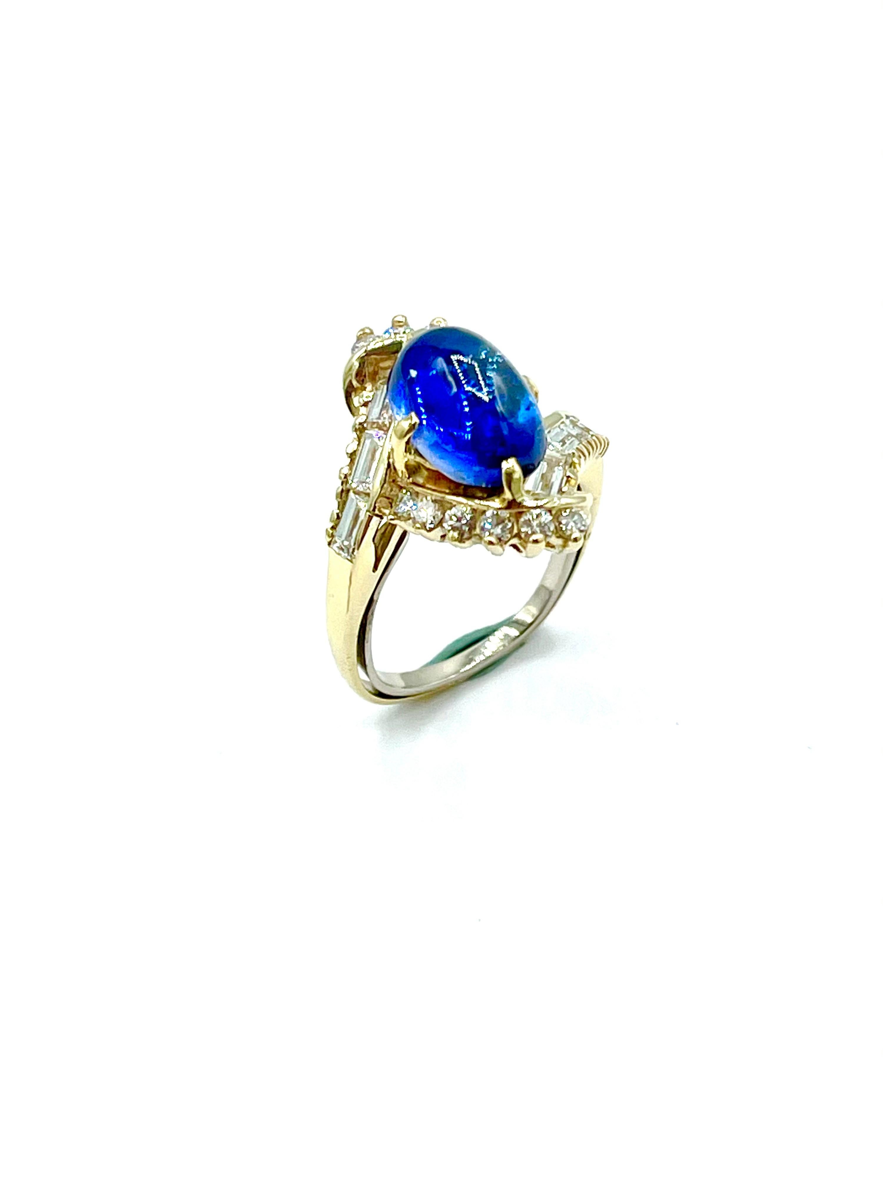Retro 3.78 Carat Cabochon Sapphire and Diamond Yellow Gold Ring For Sale