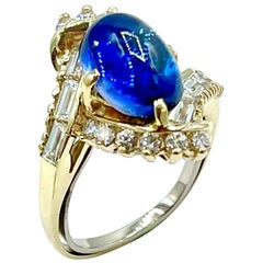 Vintage 3.78 Carat Cabochon Sapphire and Diamond Yellow Gold Ring