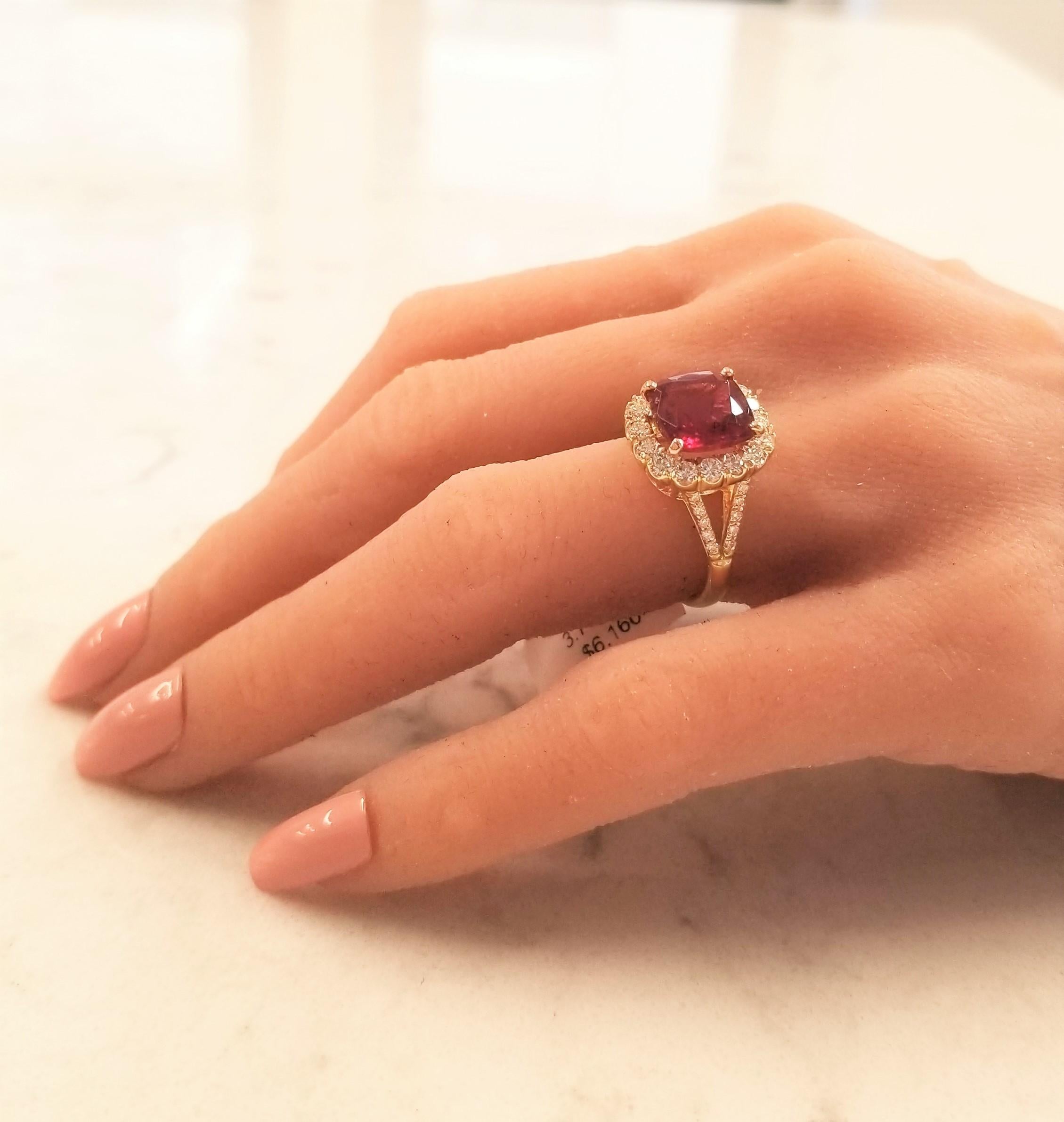 Contemporary 3.78 Carat Cushion Cut Rubelite and Diamond Cocktail Ring in 18 Karat Gold
