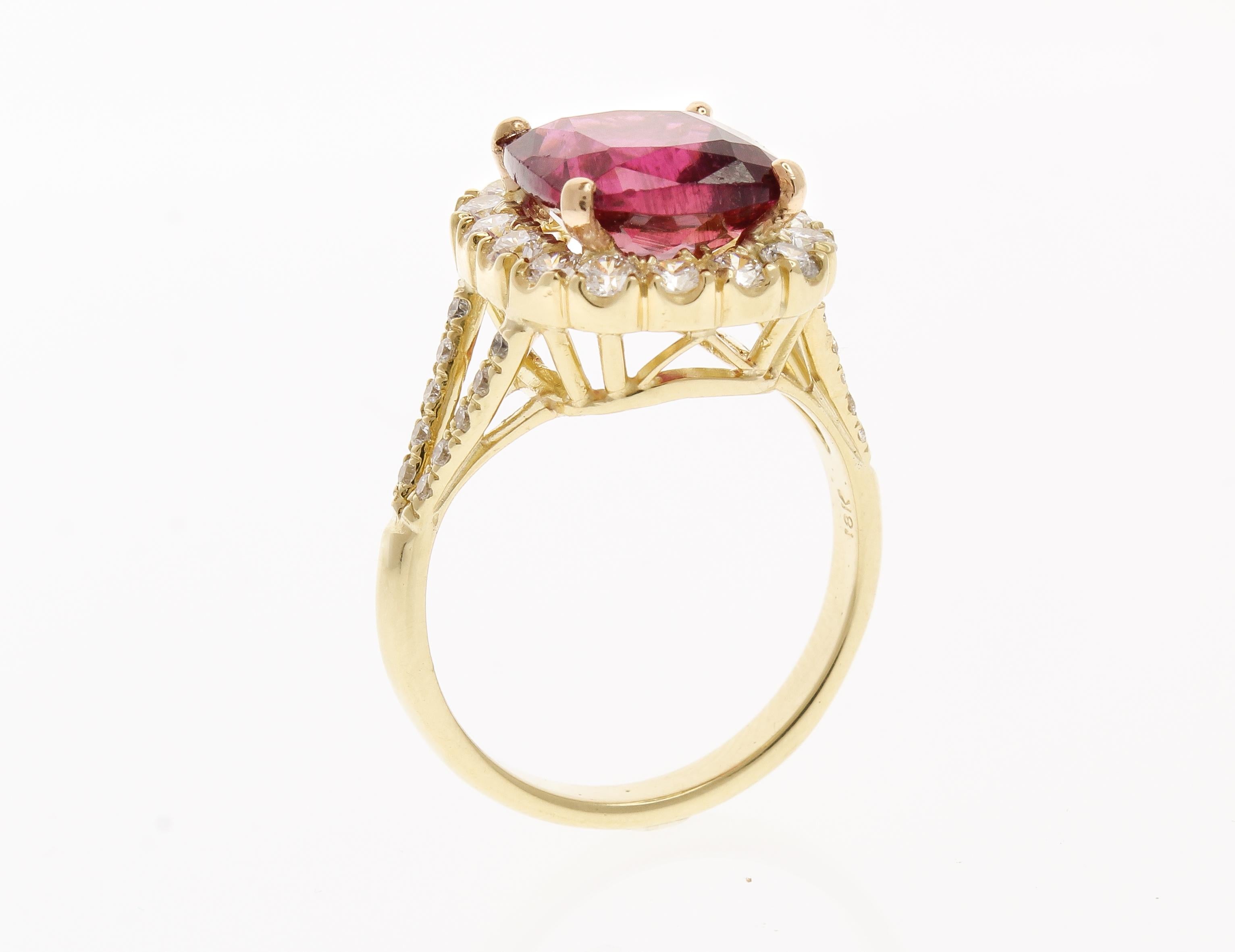 3.78 Carat Cushion Cut Rubelite and Diamond Cocktail Ring in 18 Karat Gold In New Condition In Chicago, IL