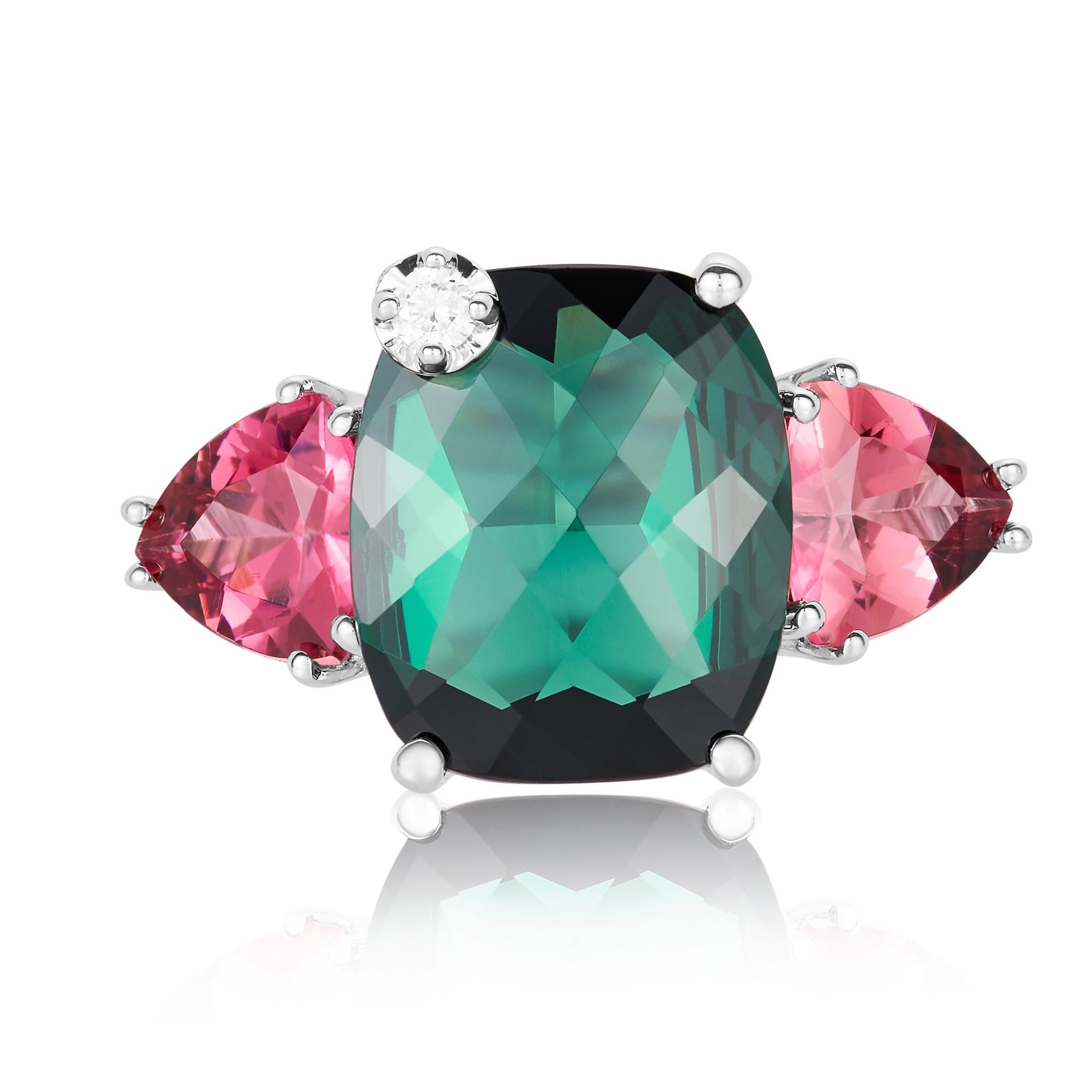 Contemporary 3.78 Carat Cushion Green and Pink Tourmaline, and Diamond Ring 14K White Gold