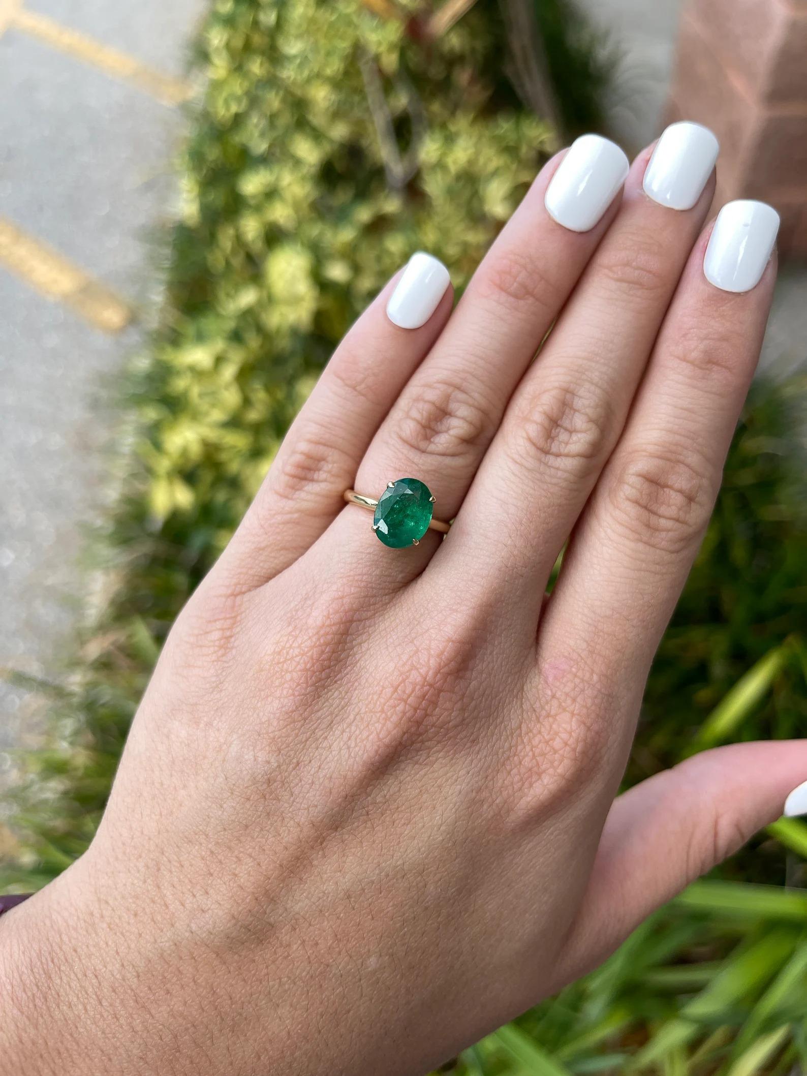Oval Cut 3.78 Carat Fine Quality Zambian Natural Emerald Solitaire Four Prong Ring 14K For Sale