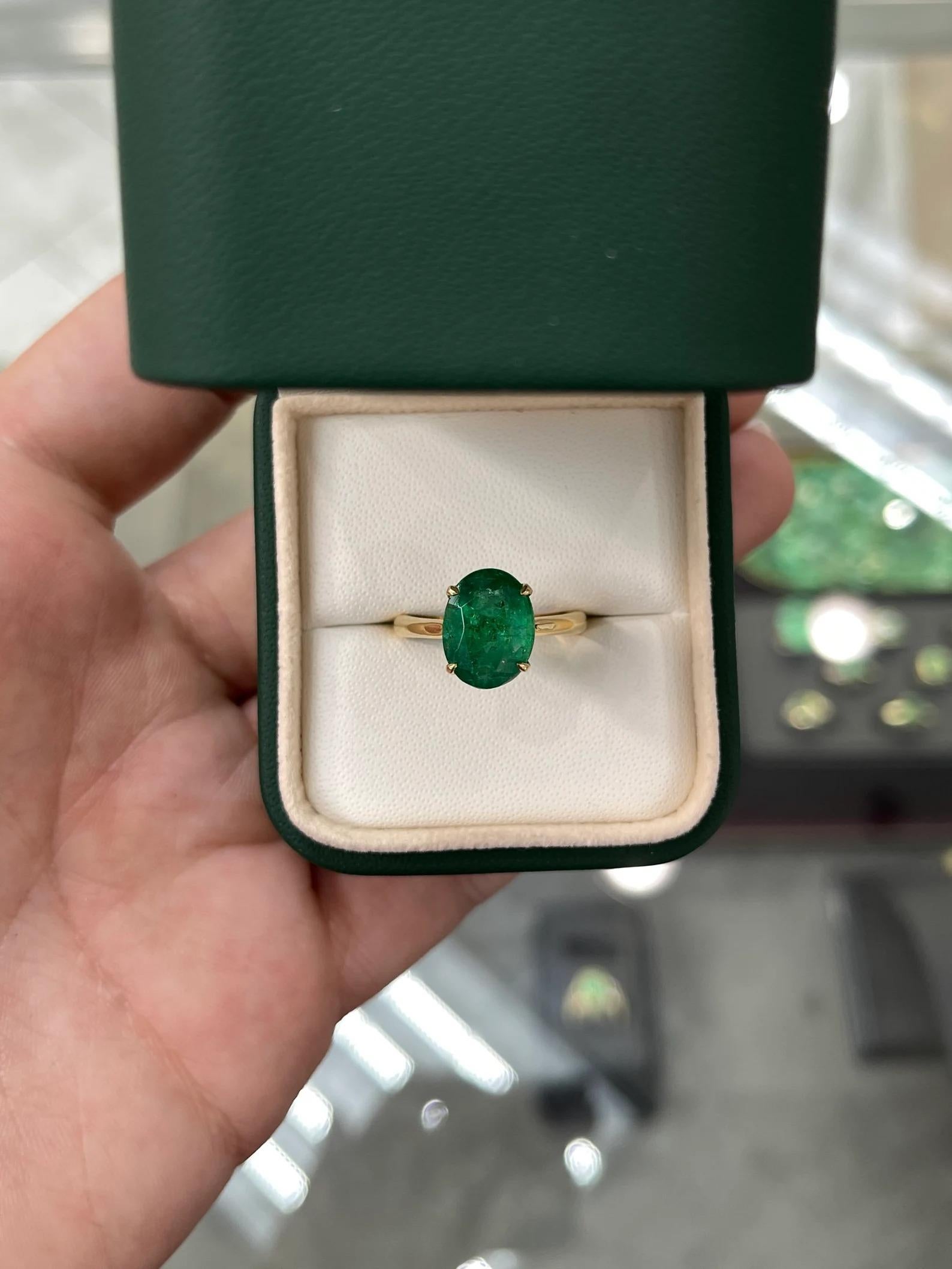 3.78 Carat Fine Quality Zambian Natural Emerald Solitaire Four Prong Ring 14K For Sale 2