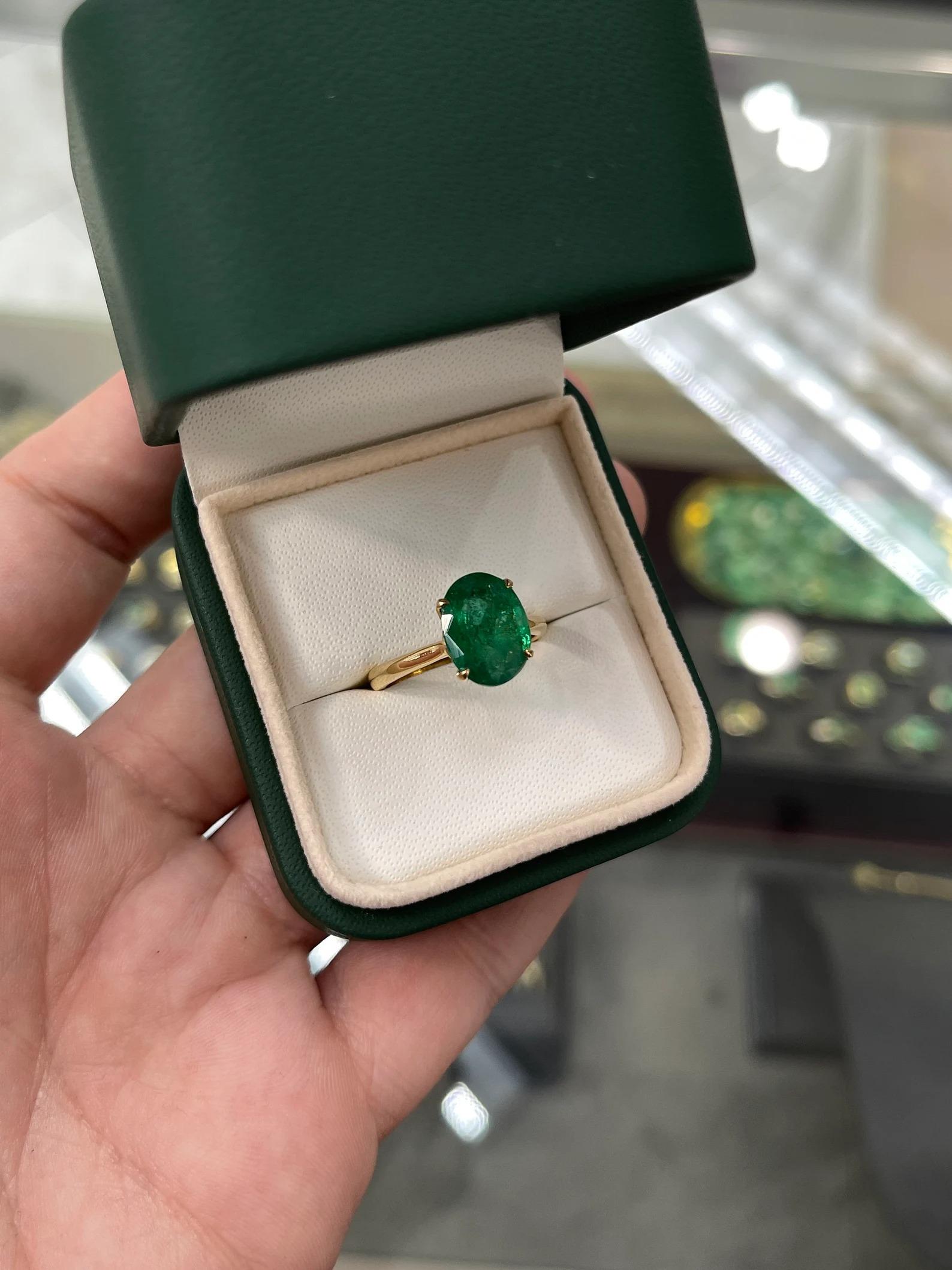 3.78 Carat Fine Quality Zambian Natural Emerald Solitaire Four Prong Ring 14K For Sale 3