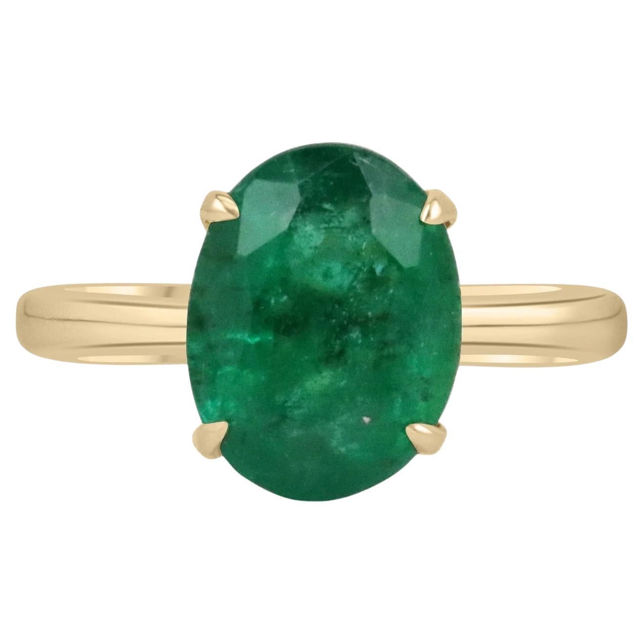 3.78 Carat Fine Quality Zambian Natural Emerald Solitaire Four Prong Ring 14K For Sale