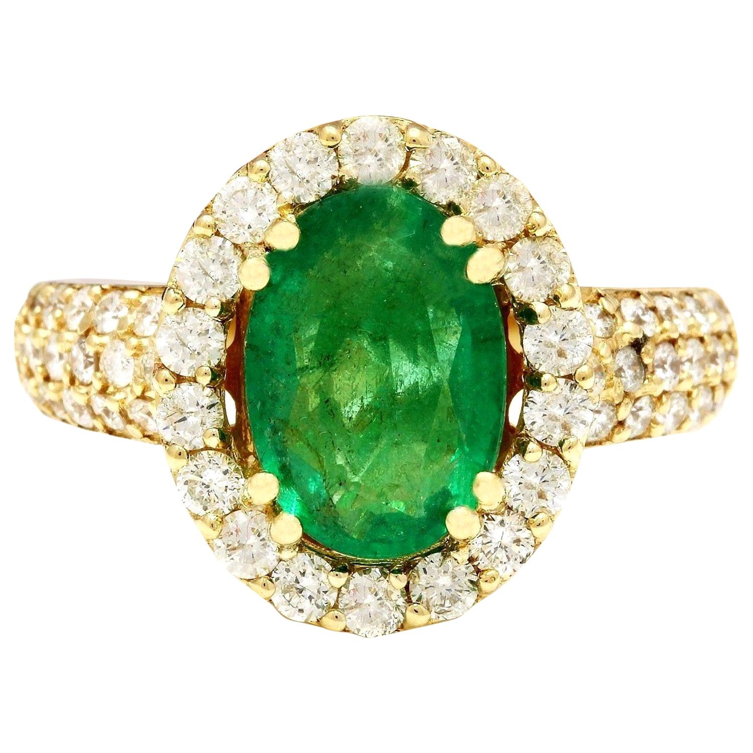 Natural Emerald Diamond Ring In 14 Karat Solid Yellow Gold  For Sale