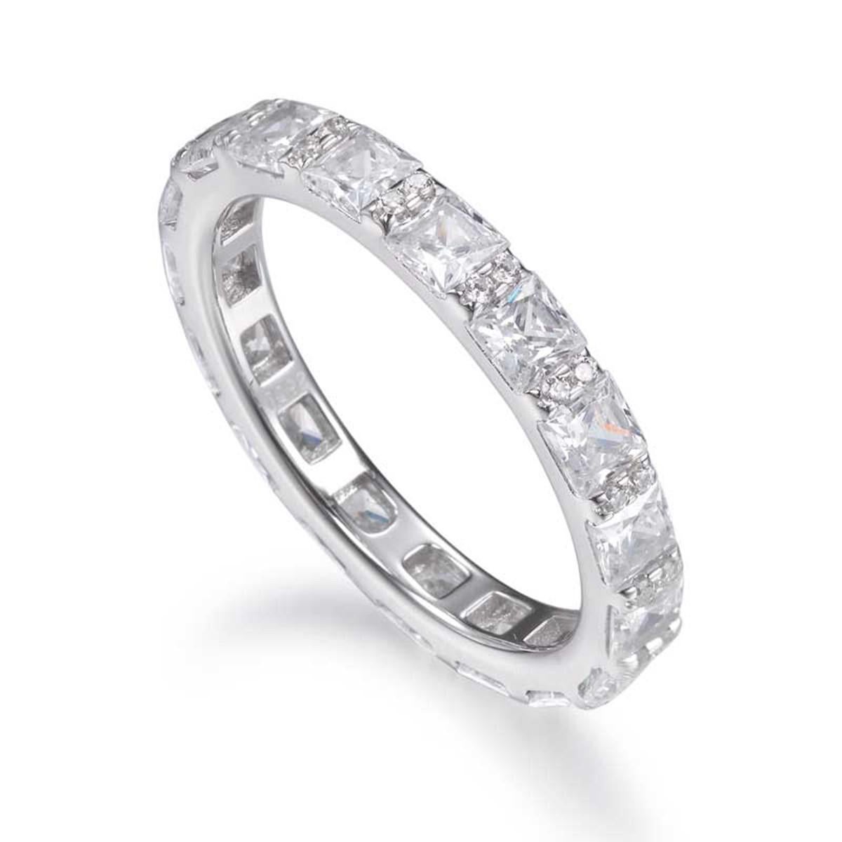 The timeless elegance of this full eternity ring showcases a combination of seventeen perfectly matched princess cut cubic zirconia interspersed with 34 smaller round brilliant cut cubic zirconia. 

Composed of 925 sterling silver with a high gloss
