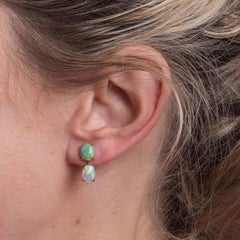 3.78 Carat Total Weight Multi Color Oval Opal Dangling 18k Yellow Gold Earrings