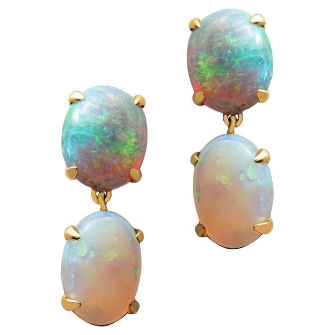 3.78 Carat Total Weight Multi Color Oval Opal Dangling 18k Yellow Gold Earrings 