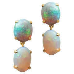 3.78 Carat Total Weight Multi Color Oval Opal Dangling 18k Yellow Gold Earrings