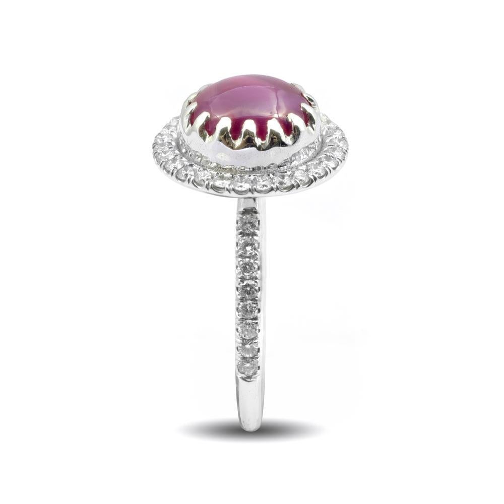 Cabochon 3.78 Carats Star Ruby Diamonds set in 14K White Gold Ring For Sale