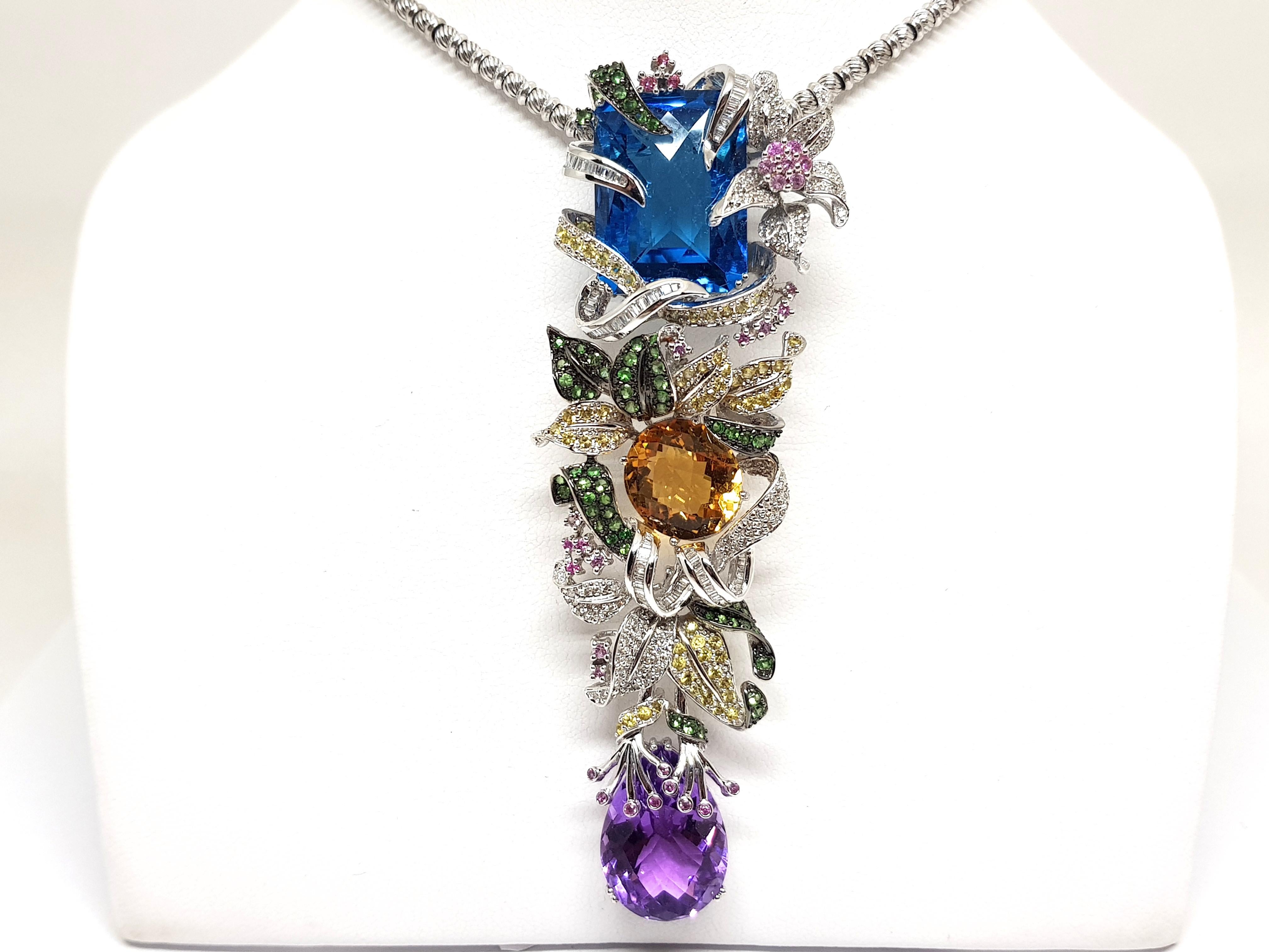 Round Cut 37.80 Carat Diamond Amethyst Citrine Emerald Topaz Purple Sapphire Pendant For Sale