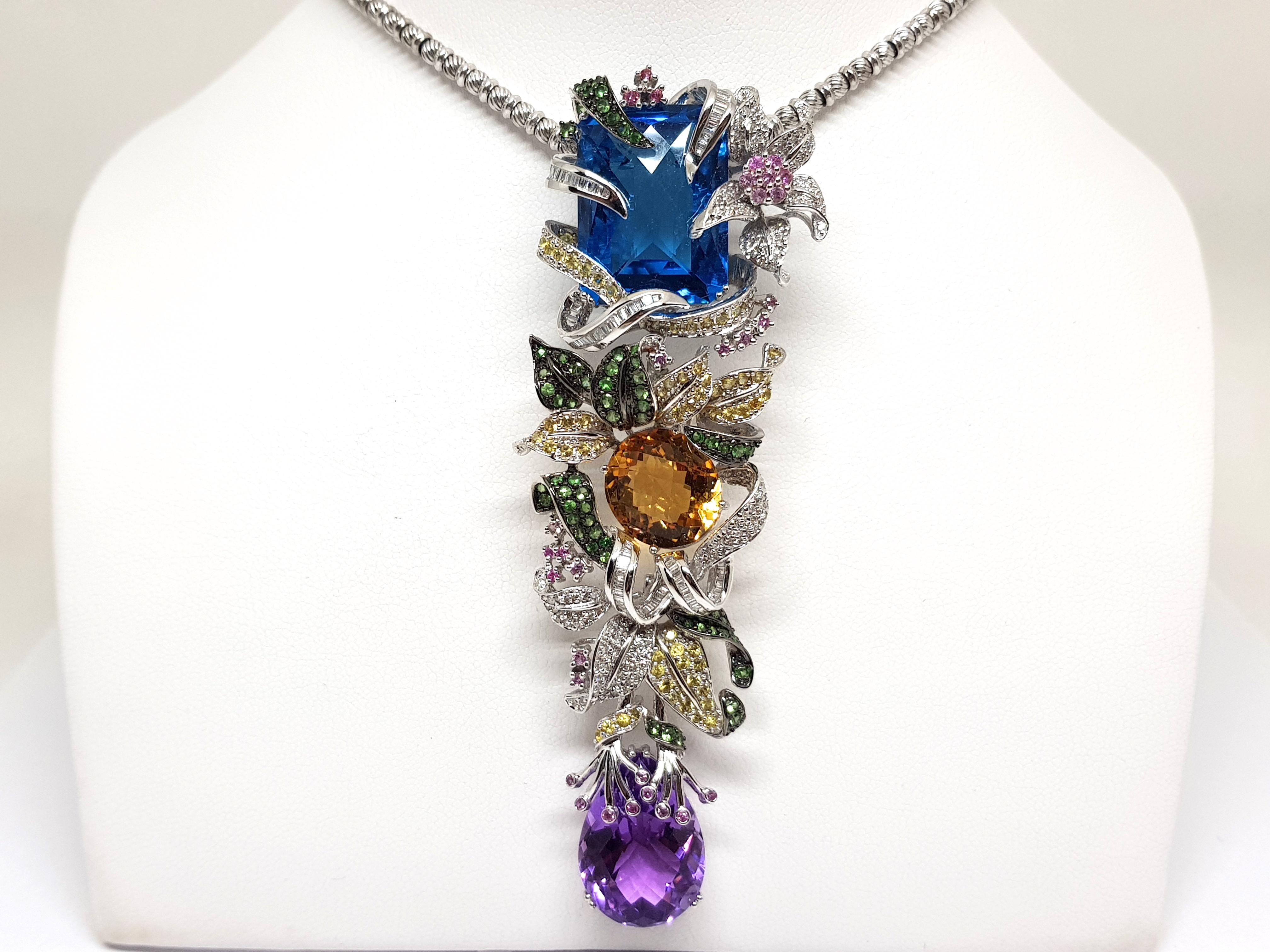 37.80 Carat Diamond Amethyst Citrine Emerald Topaz Purple Sapphire Pendant In New Condition For Sale In Antwerp, BE
