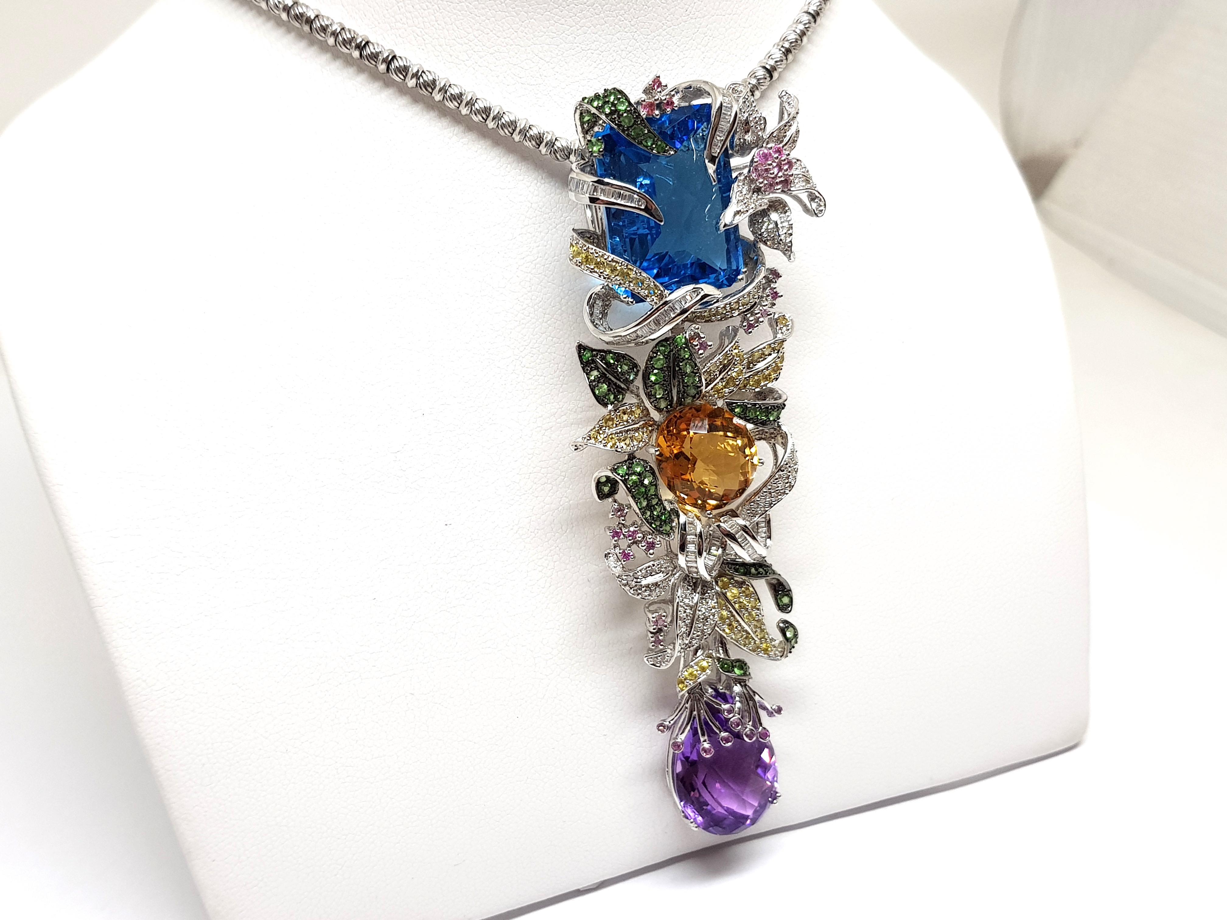37.80 Carat Diamond Amethyst Citrine Emerald Topaz Purple Sapphire Pendant For Sale 1