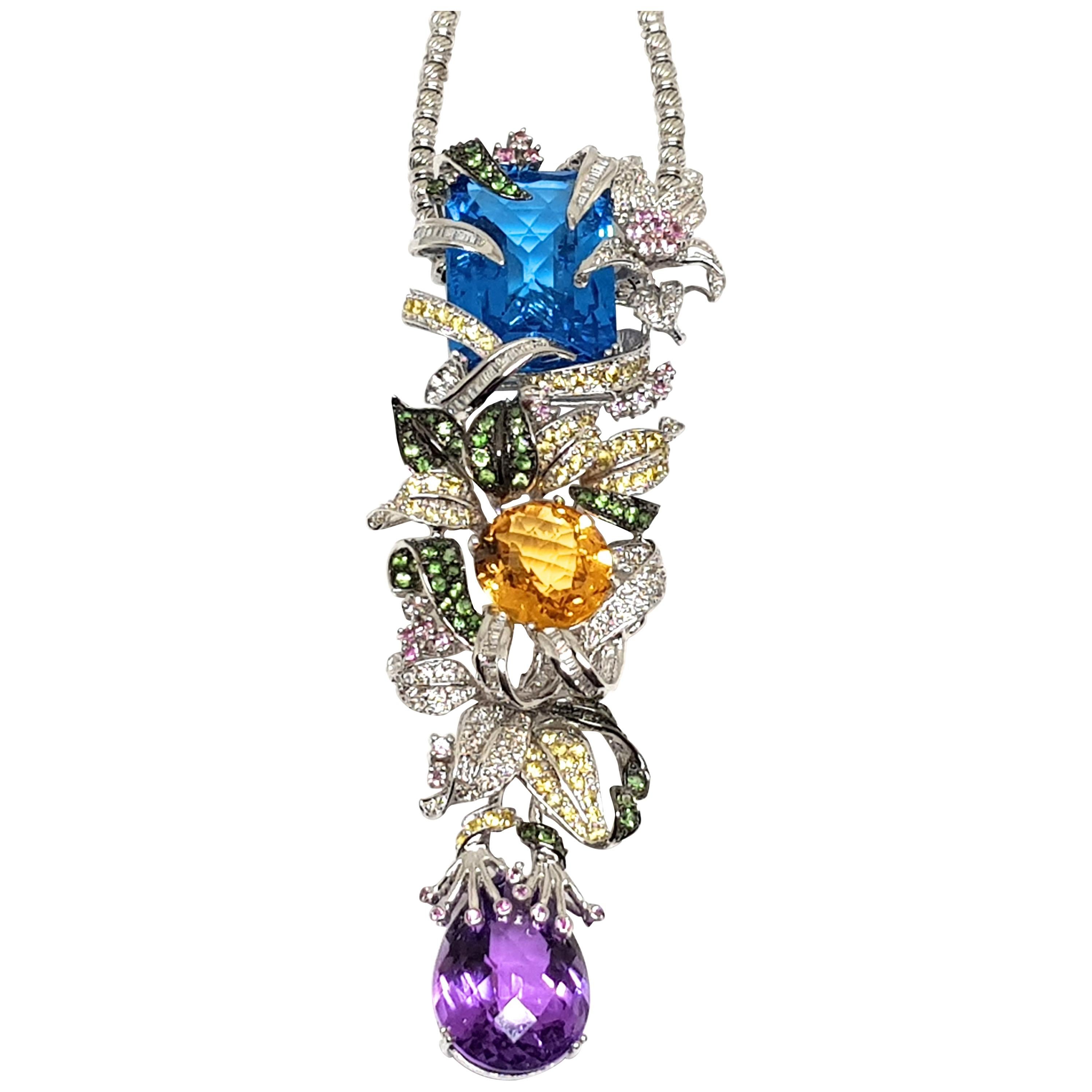 37.80 Carat Diamond Amethyst Citrine Emerald Topaz Purple Sapphire Pendant For Sale