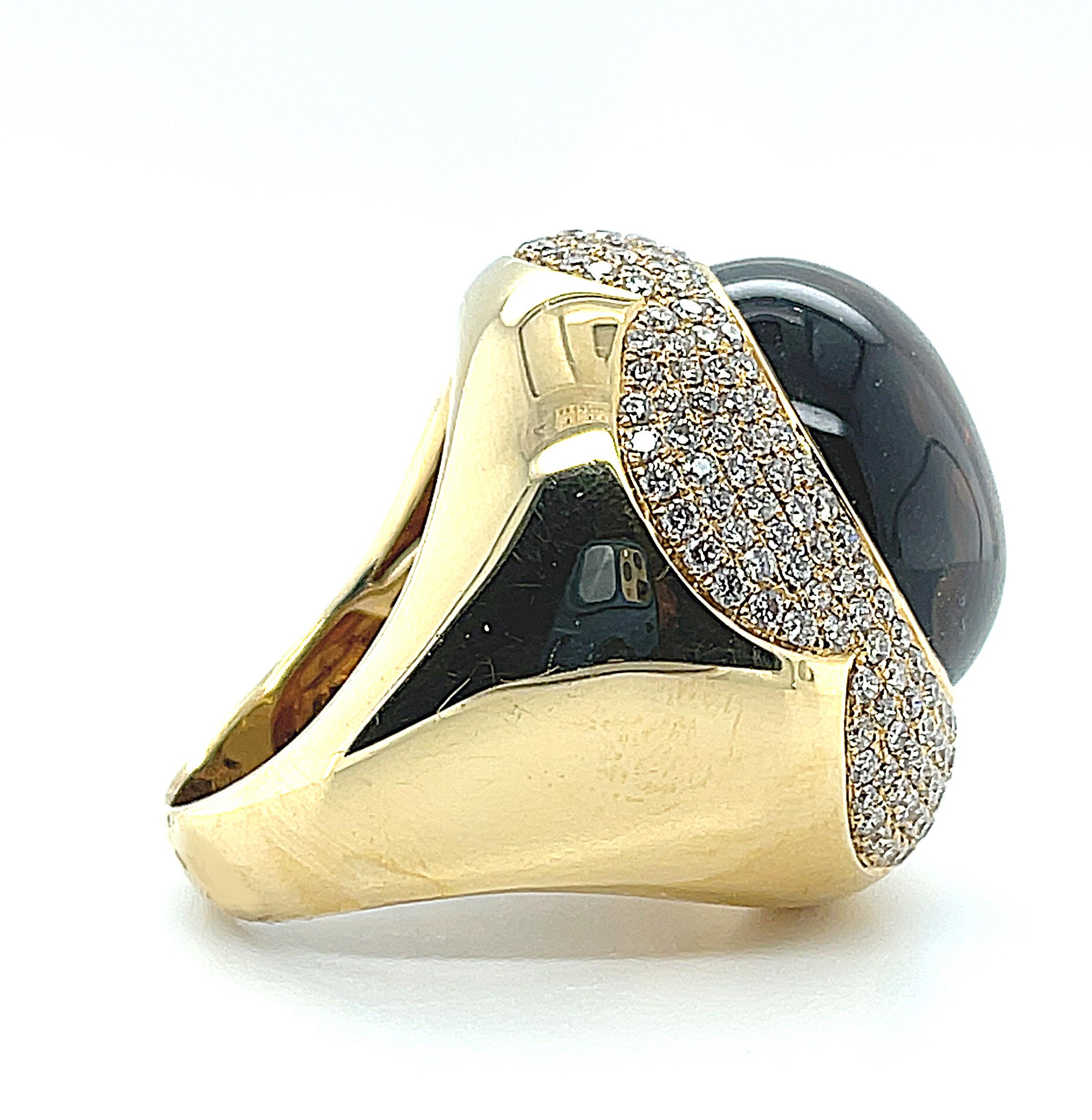 18k yellow gold smoky quartz & chocolate diamond cabochon ring