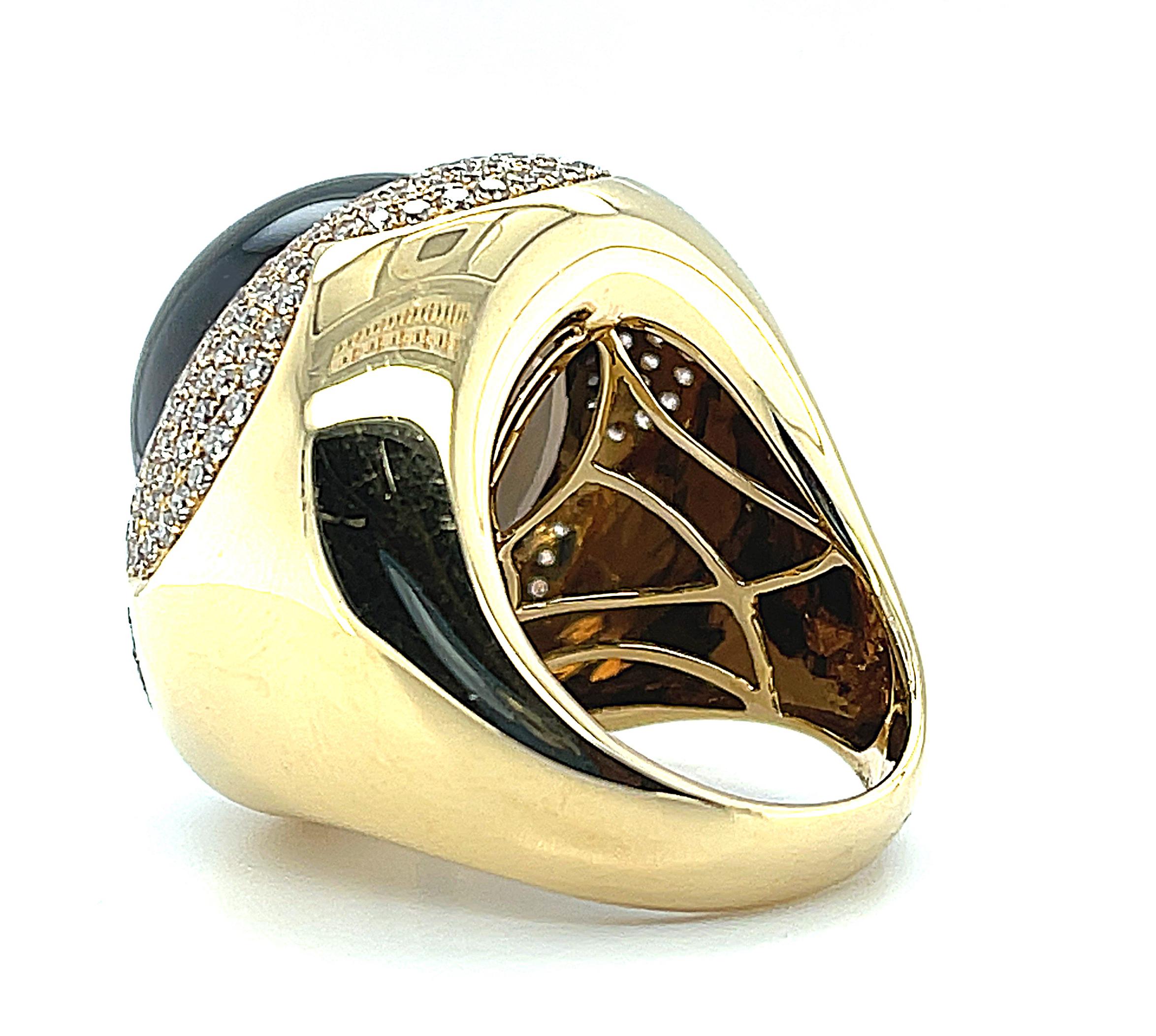 Artisan 37 Carat Smoky Quartz Cabochon and Diamond Pave Dome Ring in 18k Yellow Gold For Sale