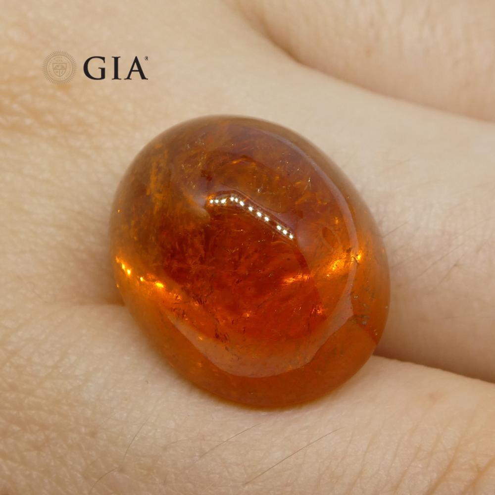 The GIA report reads as follows:

GIA Report Number: 2205978428
Shape: Oval
Cutting Style: Double Cabochon
Cutting Style: Crown:
Cutting Style: Pavilion:
Transparency: Semi-Transparent
Color: Orange

RESULTS
Species: Spessartine