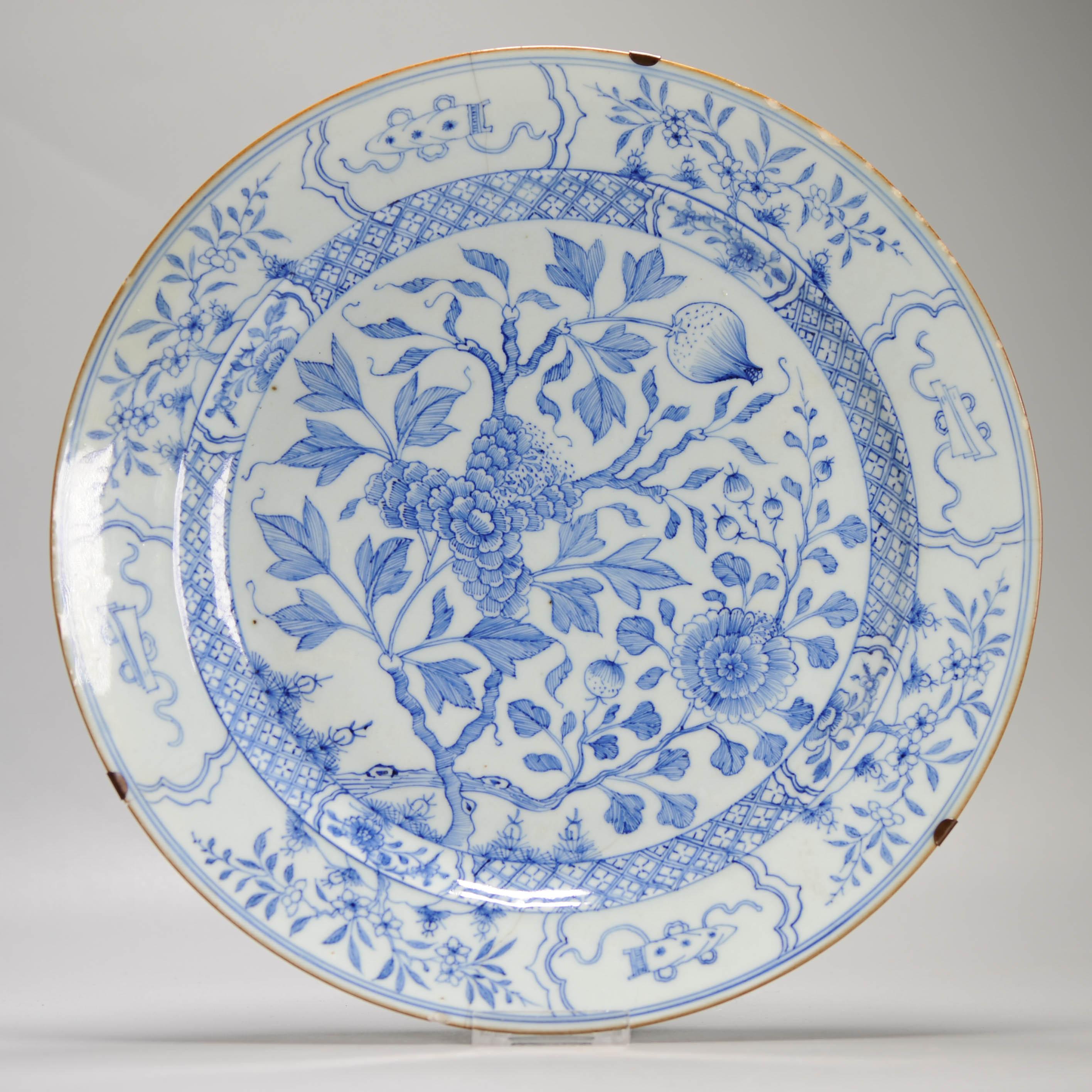 18th Century and Earlier 37.8CM Yongzheng Antique Chinese Porcelain Plate with a Pencilled Floral Scene For Sale