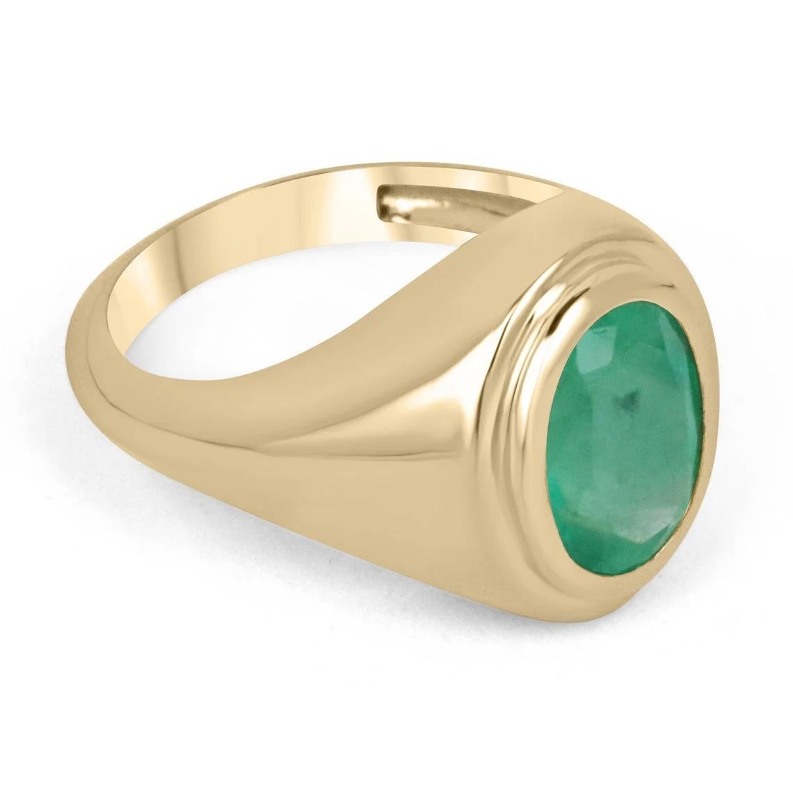 Un lussuoso anello con smeraldo solitario. La pietra centrale è un magnifico smeraldo colombiano naturale di taglio ovale da 3,78 carati, proveniente eticamente dalle origini della Colombia. Questa gemma presenta un affascinante colore verde medio