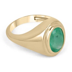 3.78ct 14K Solitaire Large Oval Medium Yellow Colombian Emerald Unisex Bezel Rin