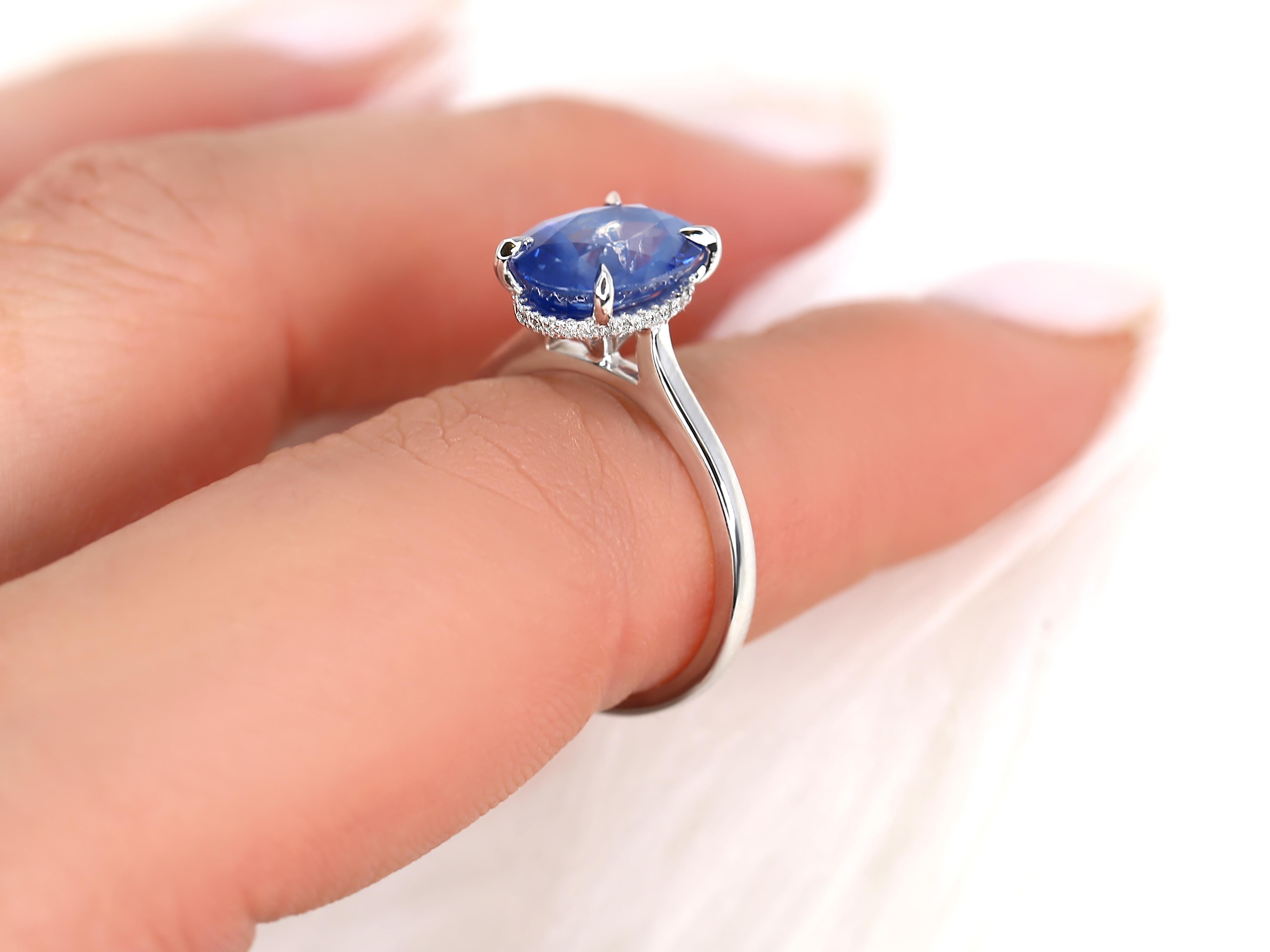 3.78ct Ready to Ship Hayden 14kt Ombre Blue Sapphire Hidden Halo Oval Ring In New Condition For Sale In Chicago, IL