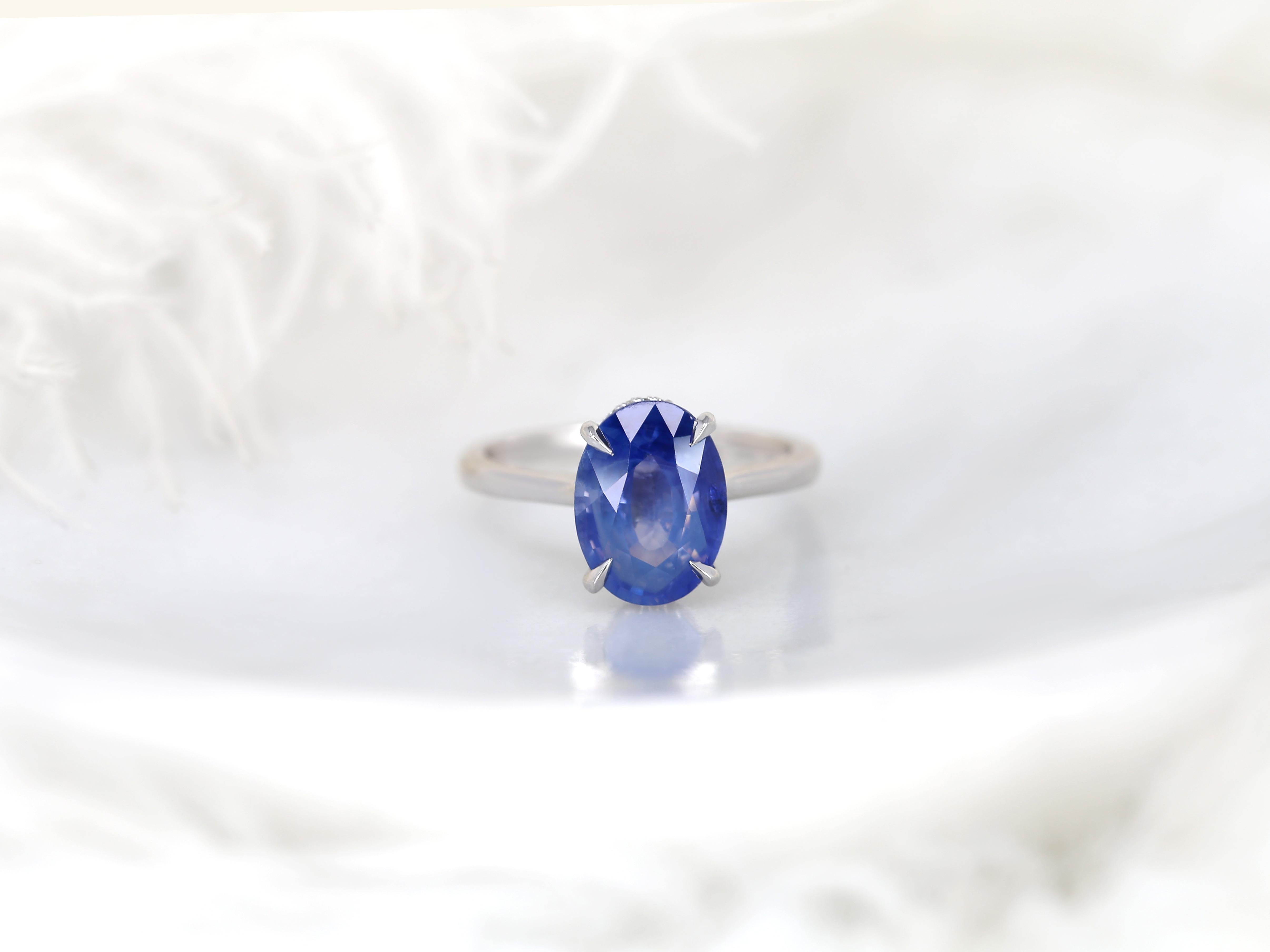 3.78ct Ready to Ship Hayden 14kt Ombre Blue Sapphire Hidden Halo Oval Ring For Sale 3