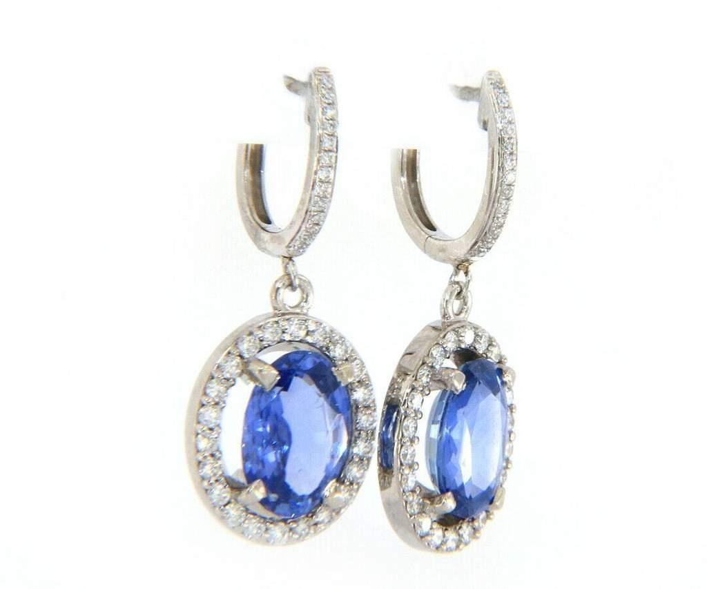 Oval Cut 3.78ctw Oval Sapphire and 0.50ctw Diamond Frame Dangle Earrings in 14K For Sale