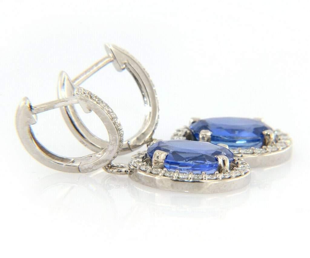 3.78ctw Oval Sapphire and 0.50ctw Diamond Frame Dangle Earrings in 14K In Excellent Condition For Sale In Vienna, VA