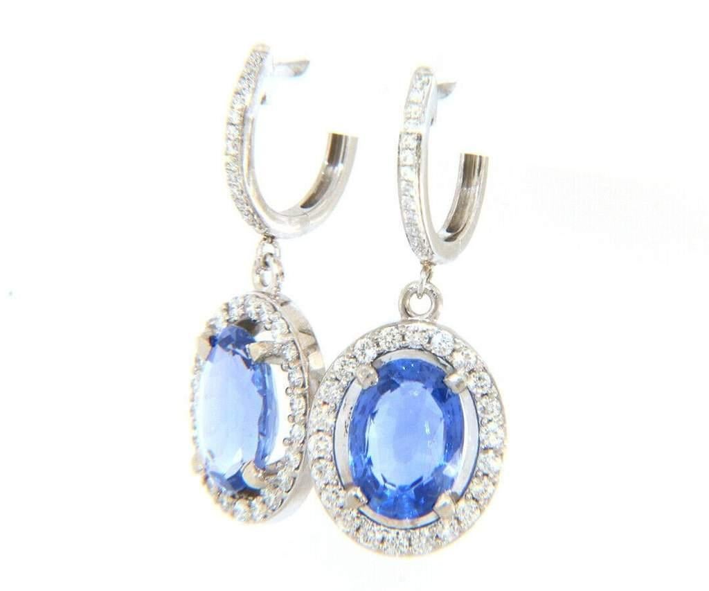 Women's 3.78ctw Oval Sapphire and 0.50ctw Diamond Frame Dangle Earrings in 14K For Sale