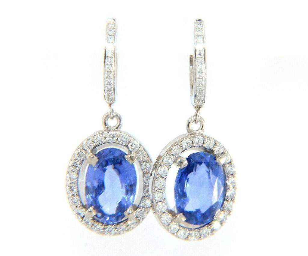3.78ctw Oval Sapphire and 0.50ctw Diamond Frame Dangle Earrings in 14K For Sale 1