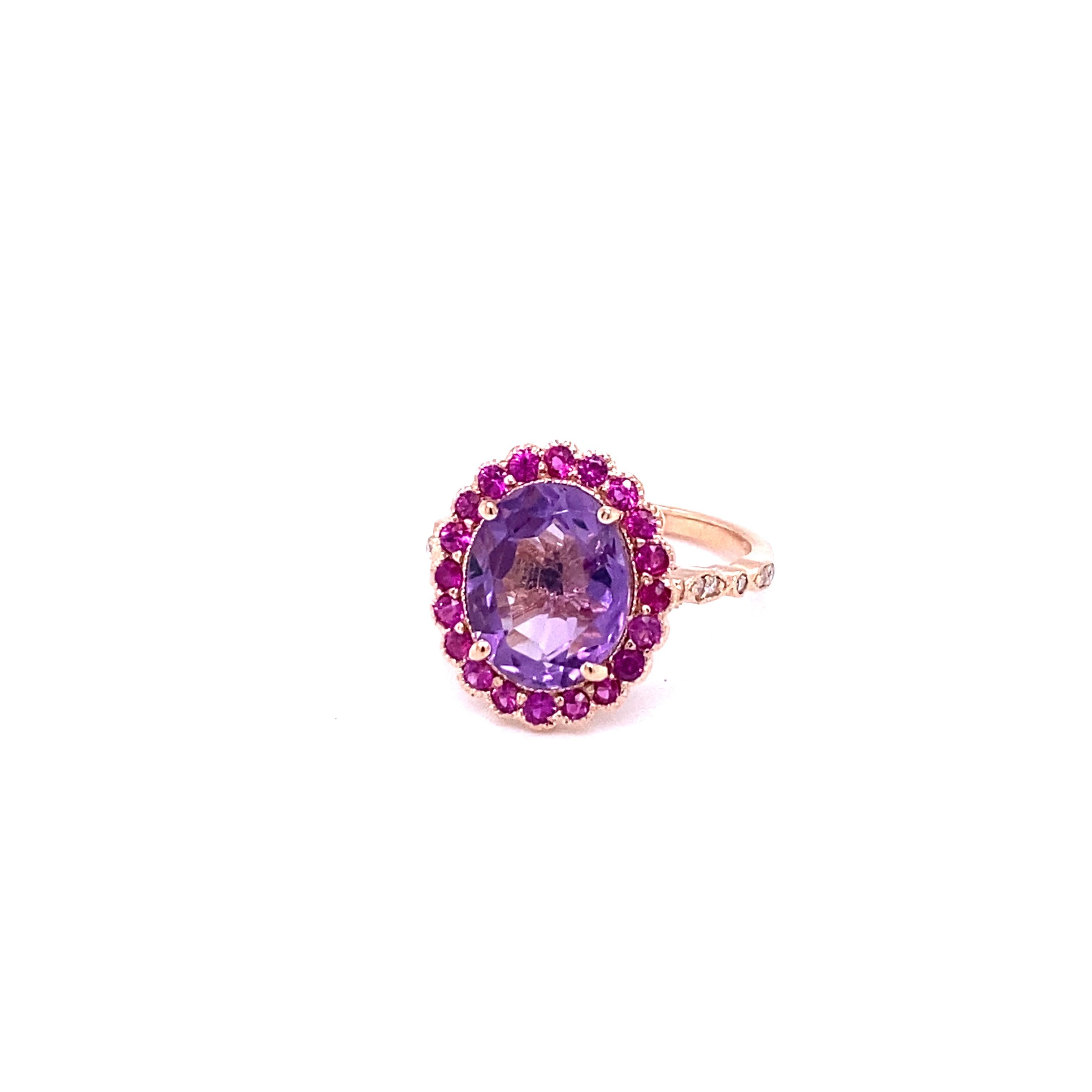 Contemporary 3.79 Carat Natural Amethyst Pink Sapphire Diamond Rose Gold Engagement Ring For Sale