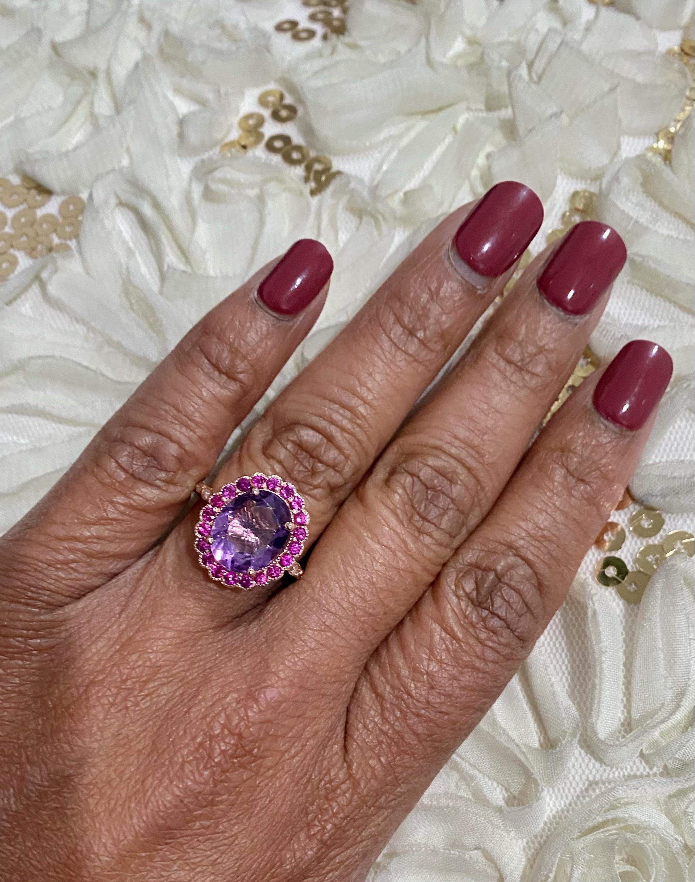 Oval Cut 3.79 Carat Natural Amethyst Pink Sapphire Diamond Rose Gold Engagement Ring For Sale