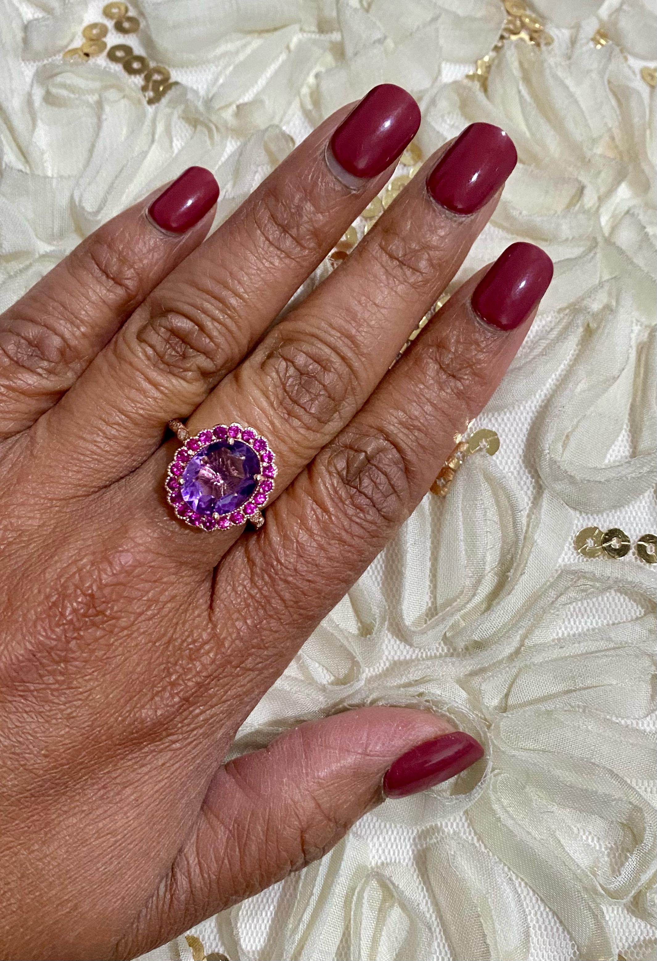 3.79 Carat Natural Amethyst Pink Sapphire Diamond Rose Gold Engagement Ring In New Condition For Sale In Los Angeles, CA