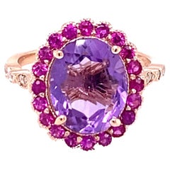 Bague de fiançailles en or rose avec améthyste naturelle, saphir rose et diamant de 3,89 carats