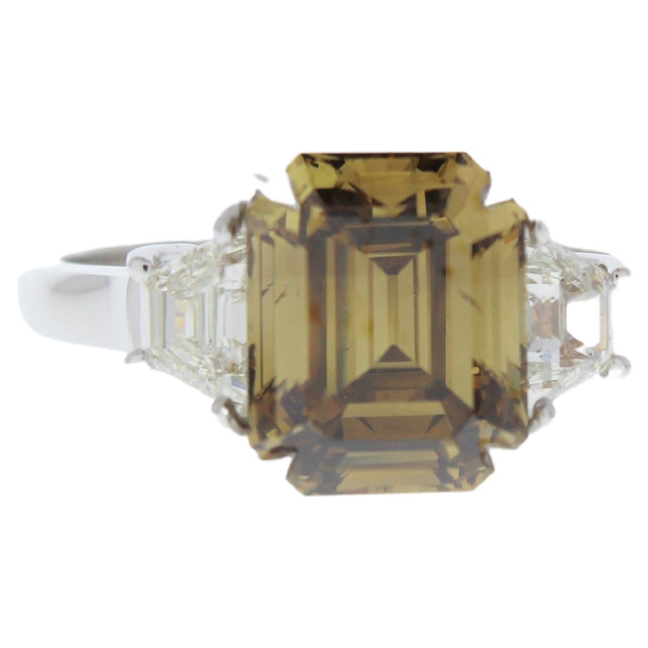 3.79 Carat Emerald Cut Fancy Brown Diamond and Diamond Ring in 18K White Gold For Sale