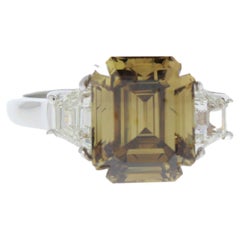 3.79 Carat Emerald Cut Fancy Brown Diamond and Diamond Ring in 18K White Gold