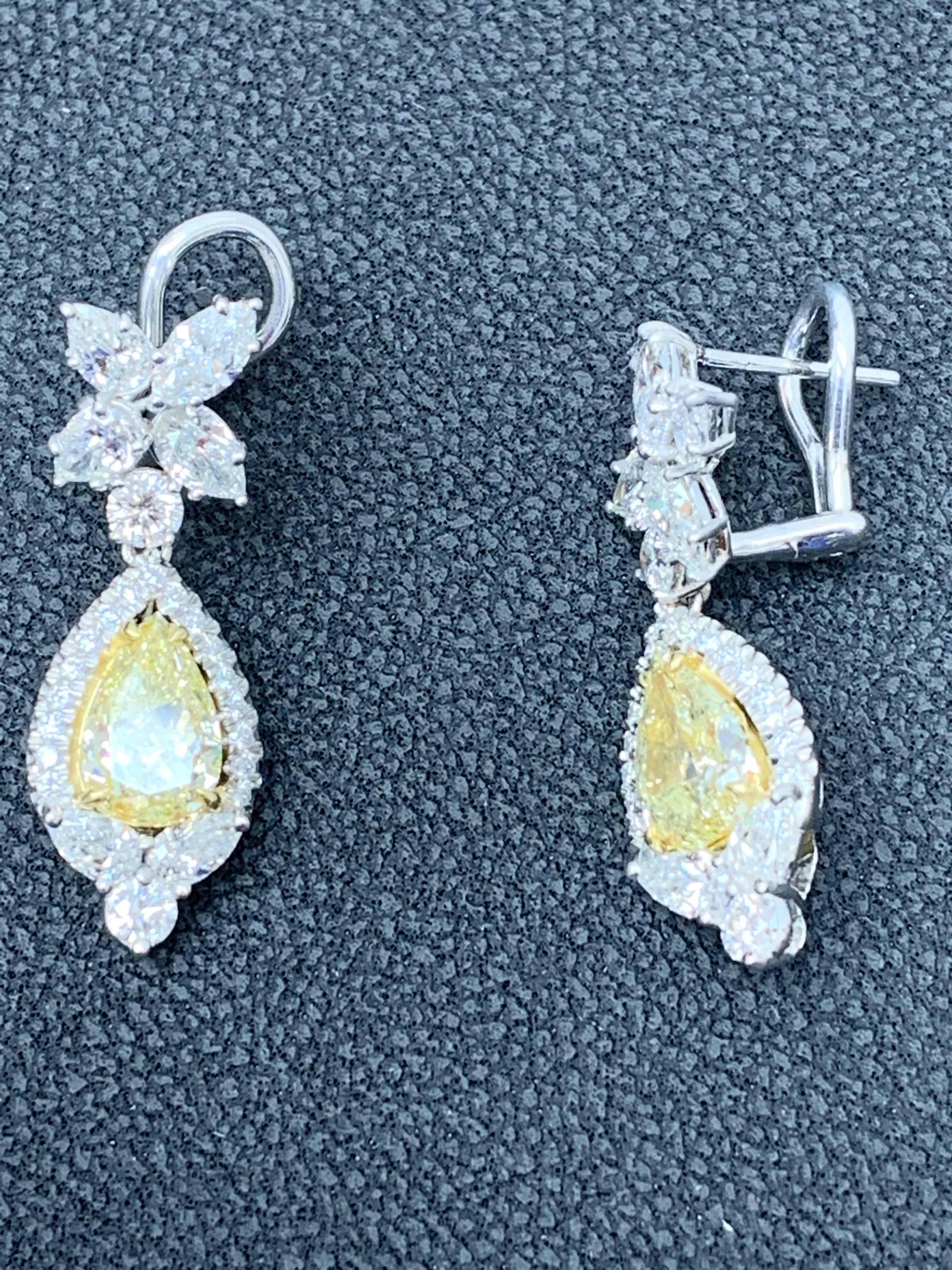 Women's 3.79 Carat Fancy Yellow Diamond and Diamond Drop Earrings in 18K White Gold For Sale