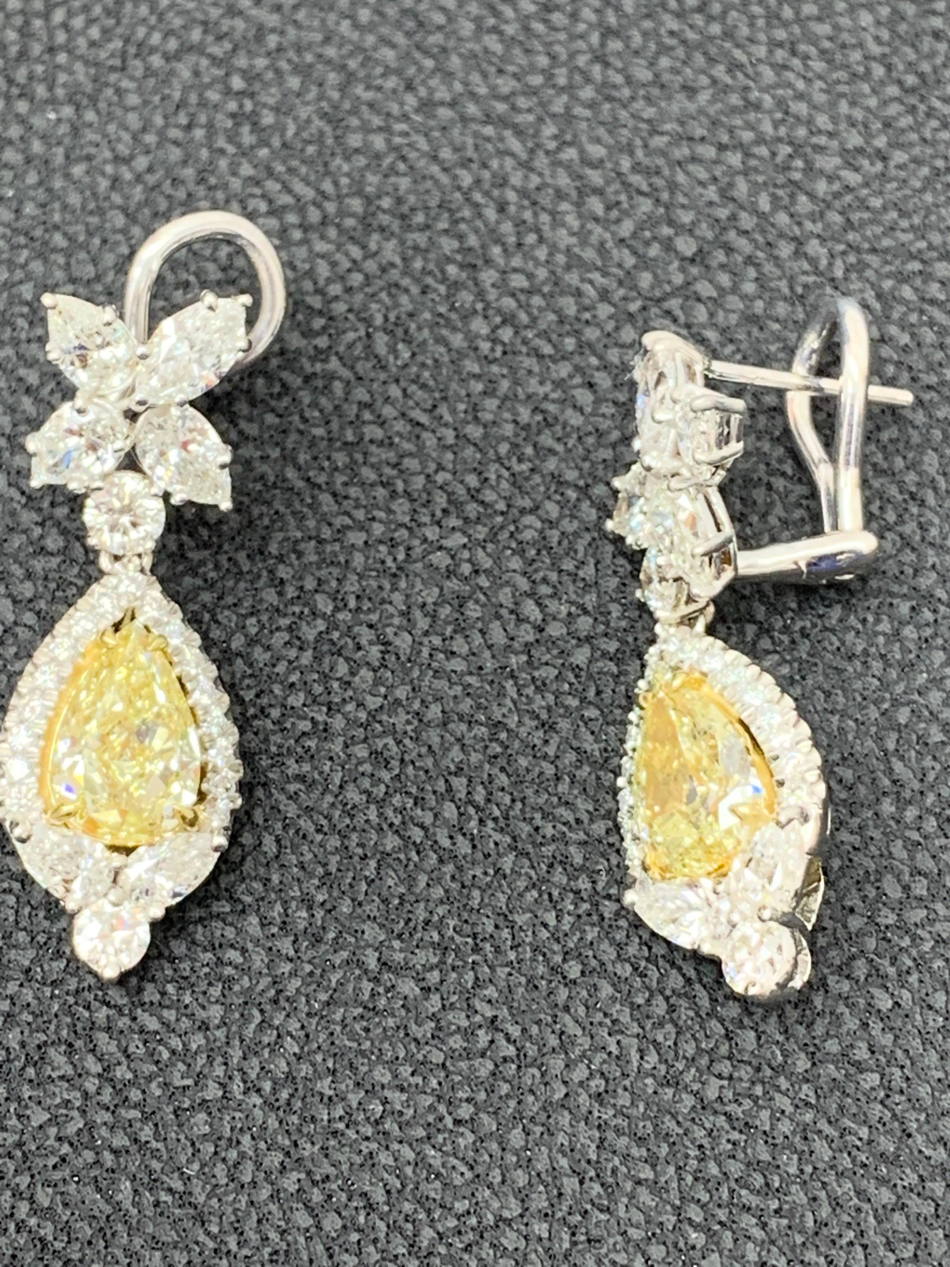 3.79 Carat Fancy Yellow Diamond and Diamond Drop Earrings in 18K White Gold For Sale 1