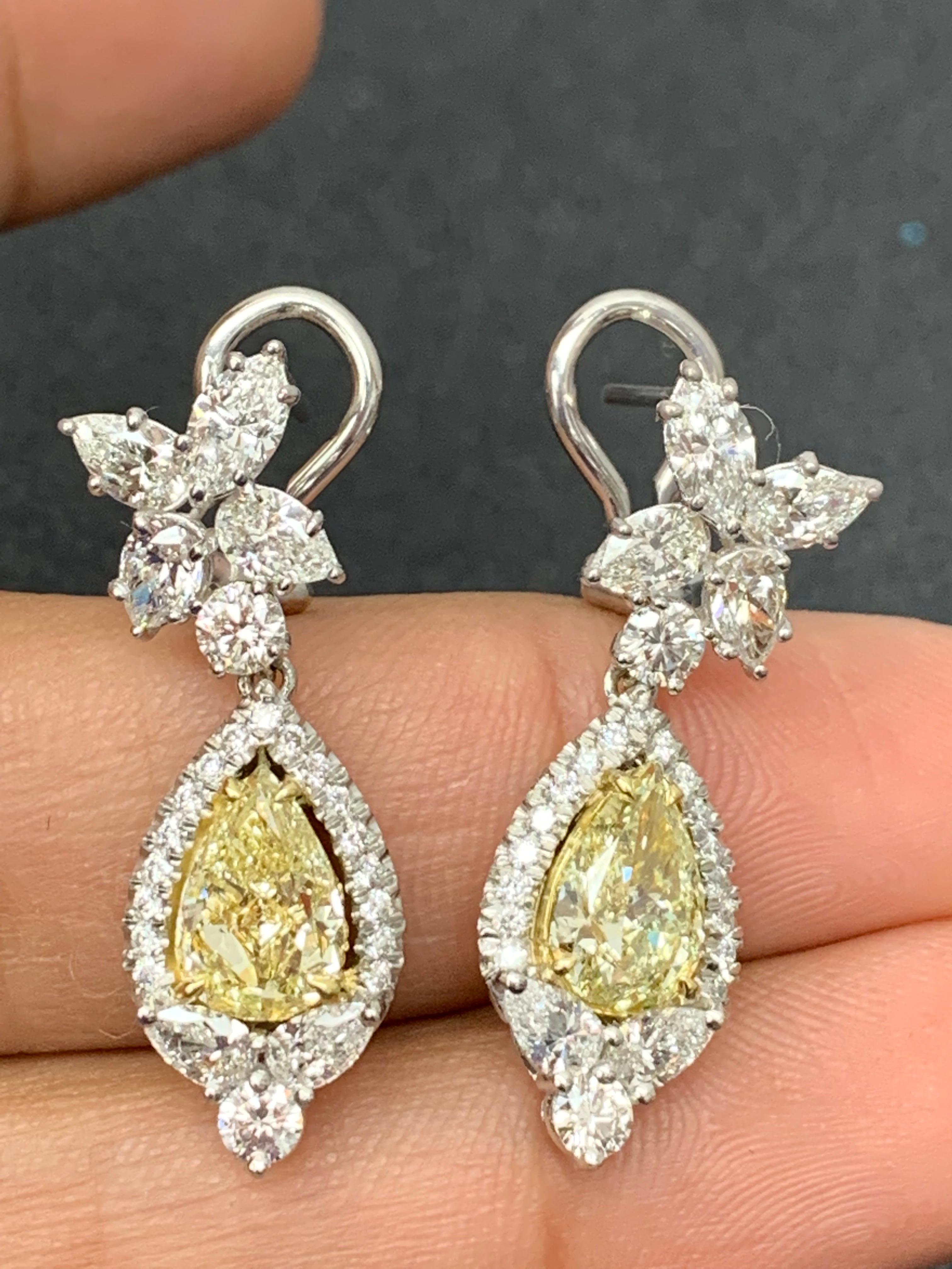 3.79 Carat Fancy Yellow Diamond and Diamond Drop Earrings in 18K White Gold For Sale 2