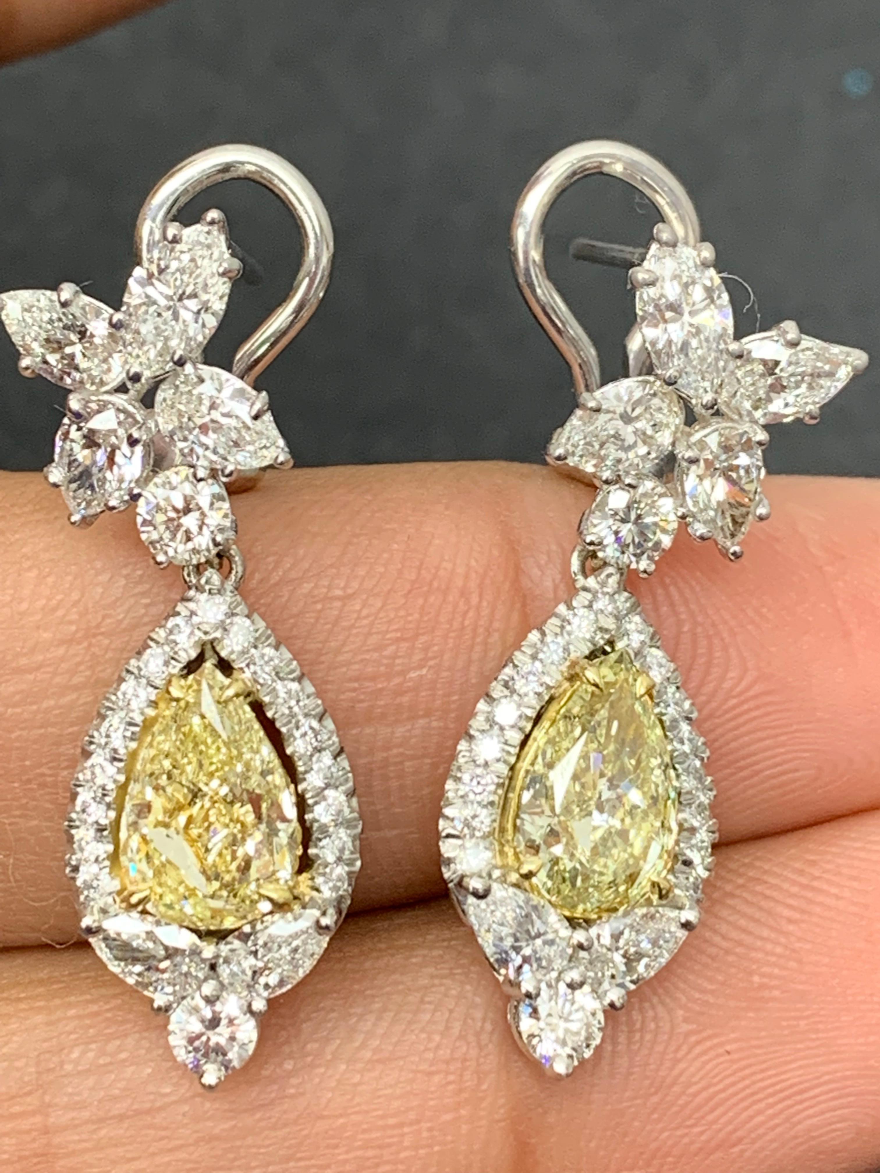 3.79 Carat Fancy Yellow Diamond and Diamond Drop Earrings in 18K White Gold For Sale 3