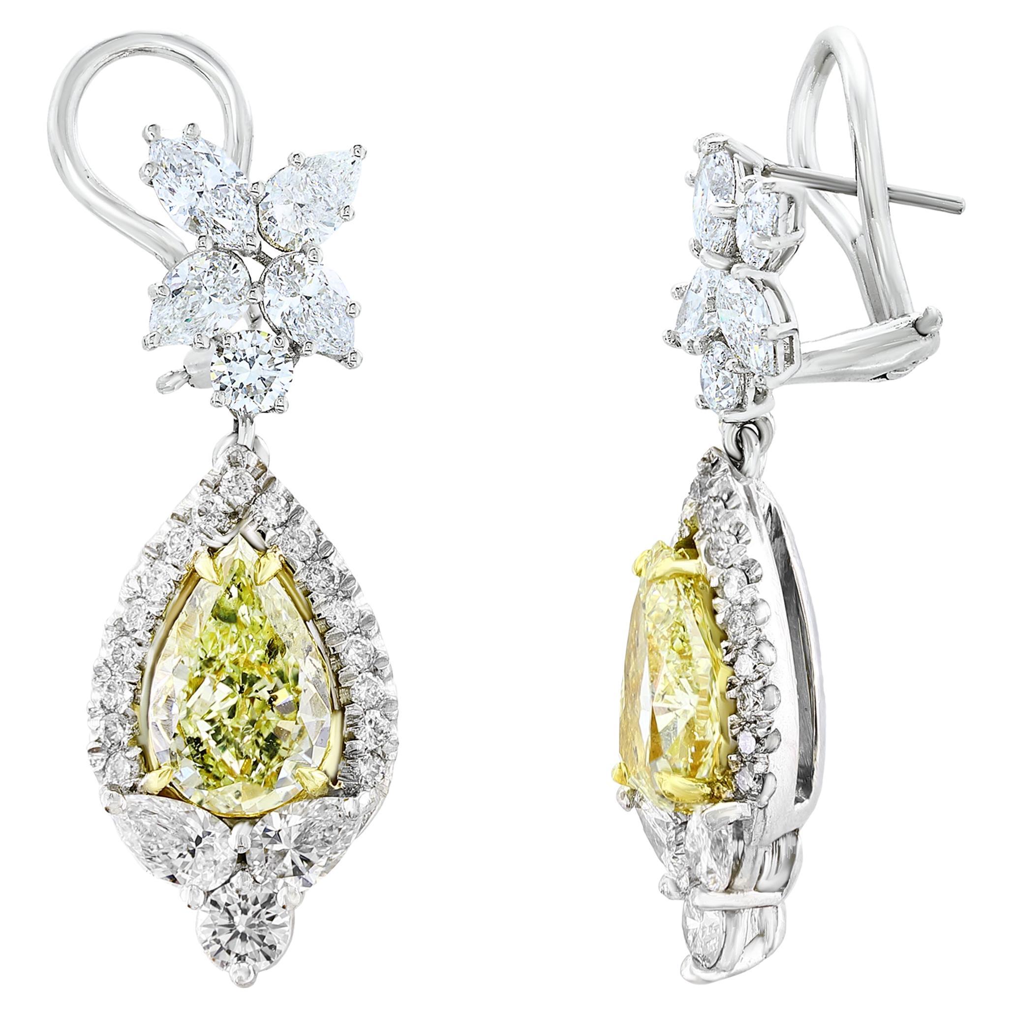 3.79 Carat Fancy Yellow Diamond and Diamond Drop Earrings in 18K White Gold For Sale