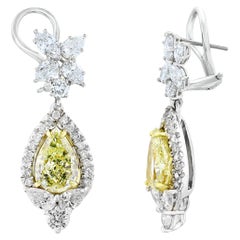 3.79 Carat Fancy Yellow Diamond and Diamond Drop Earrings in 18K White Gold