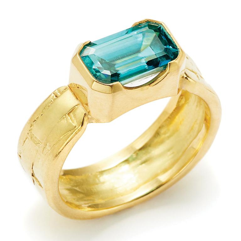 Emerald Cut Susan Lister Locke 3.79 Carat Fine Blue Zircon Ring set in 18 Karat Gold  For Sale