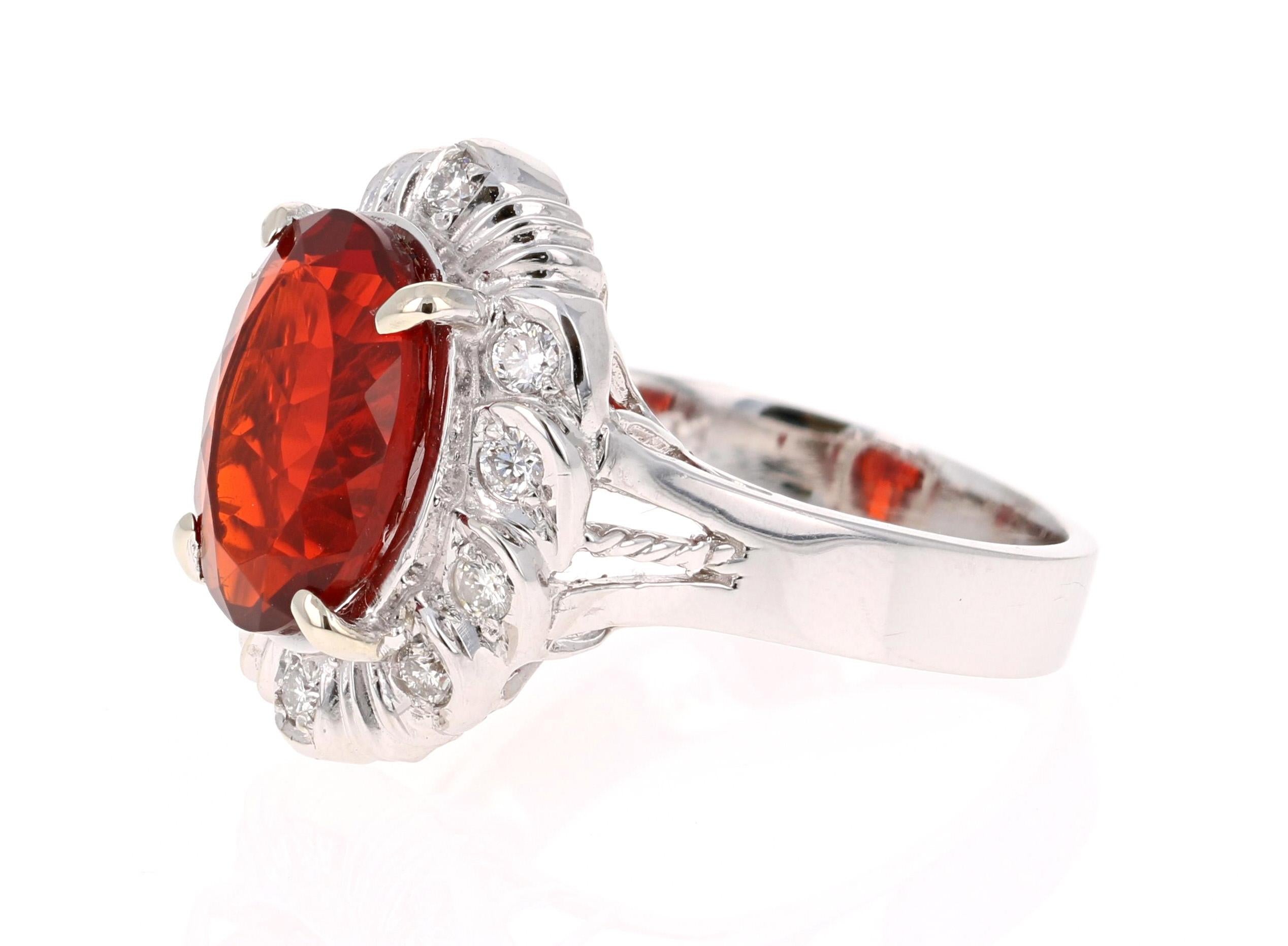 Contemporary 3.79 Carat Fire Opal Diamond White Gold Victorian Style Cocktail Ring For Sale